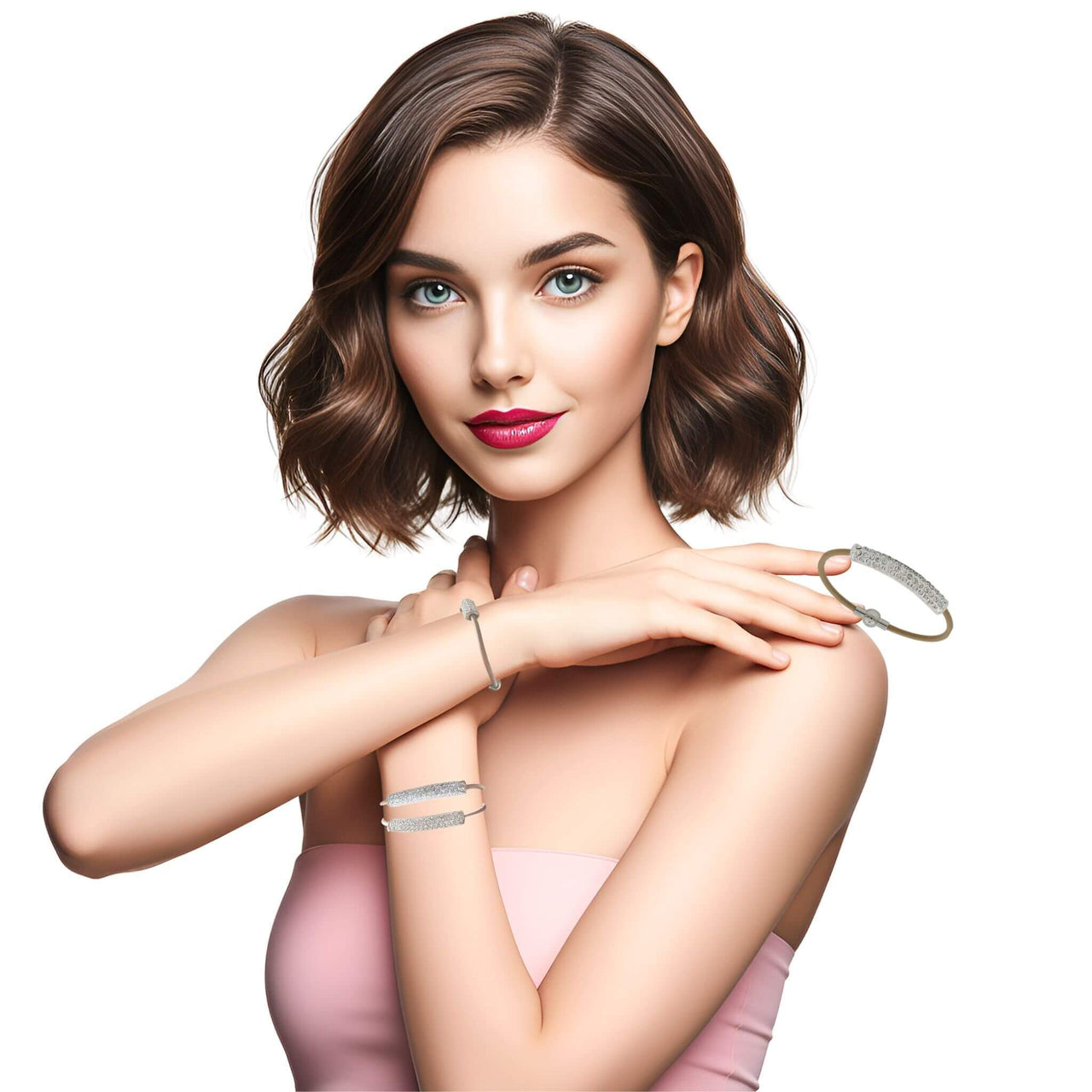 Pulsera de cuero beige con tubo de strass plateado