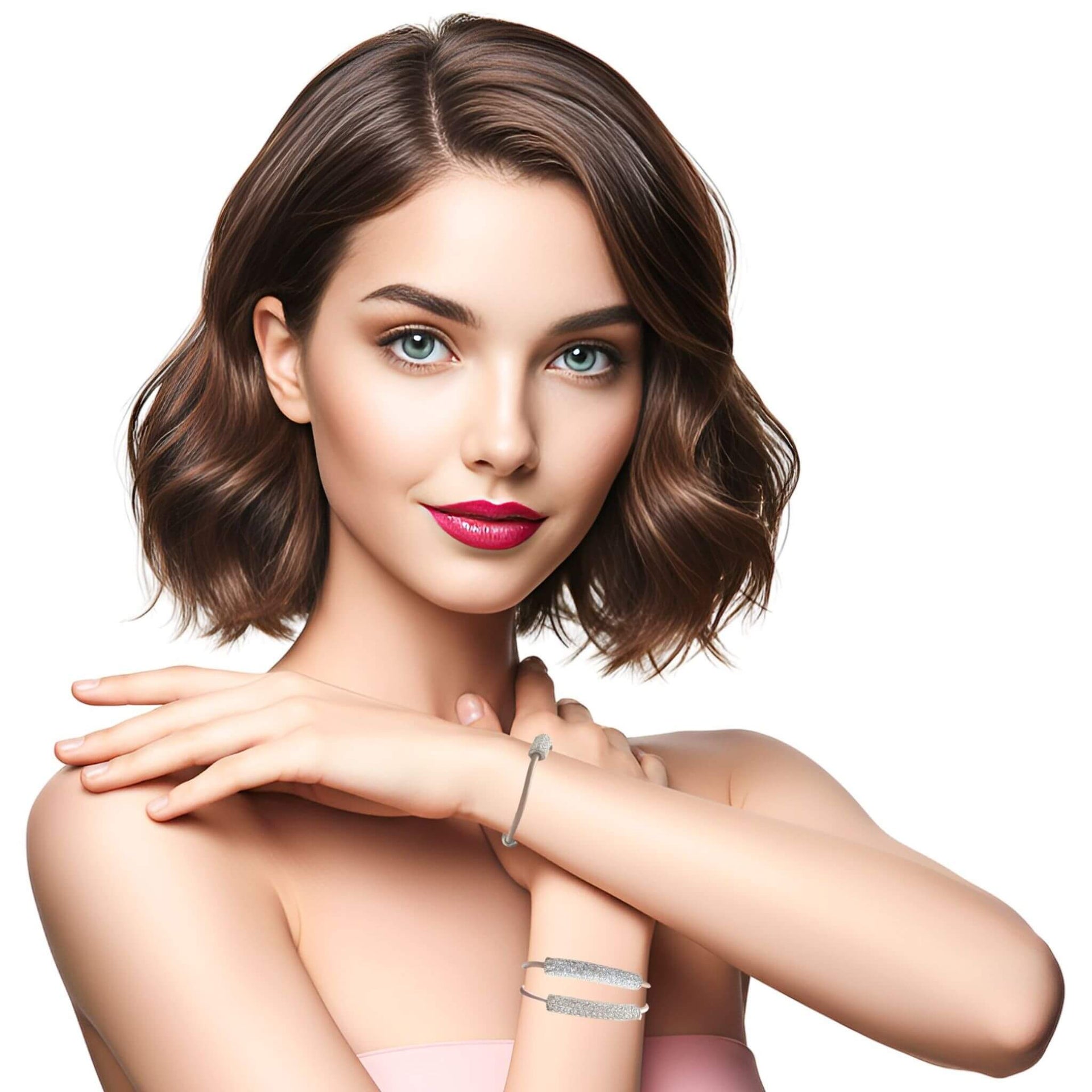 Pulsera de cuero beige con tubo de strass plateado