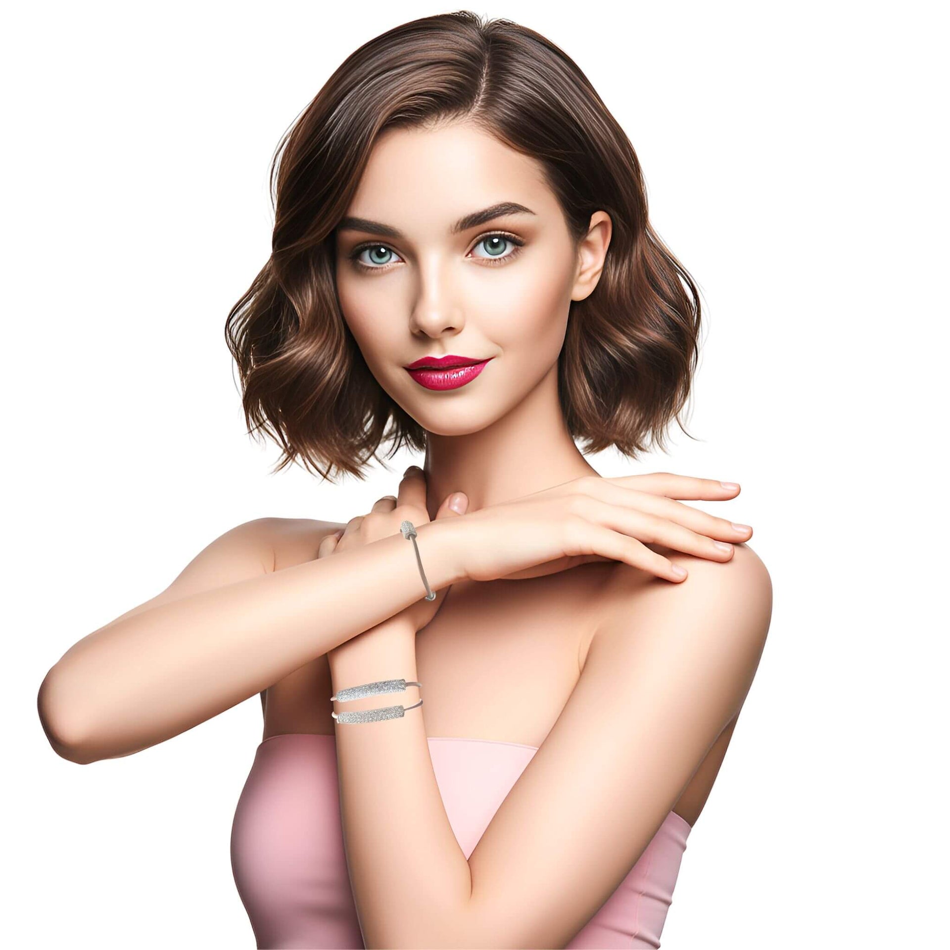 Pulsera de cuero beige con tubo de strass plateado