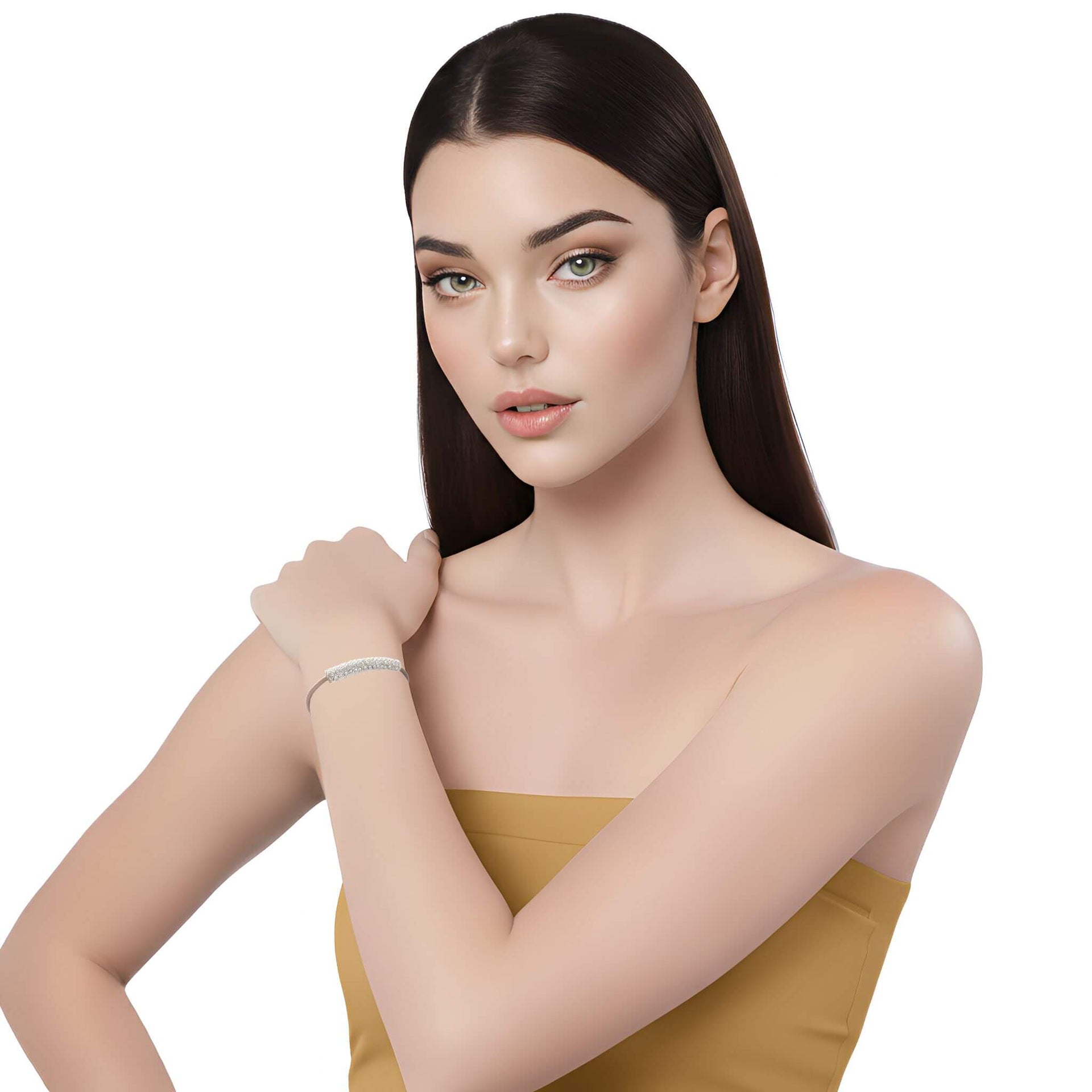 Pulsera de cuero beige con tubo de strass plateado