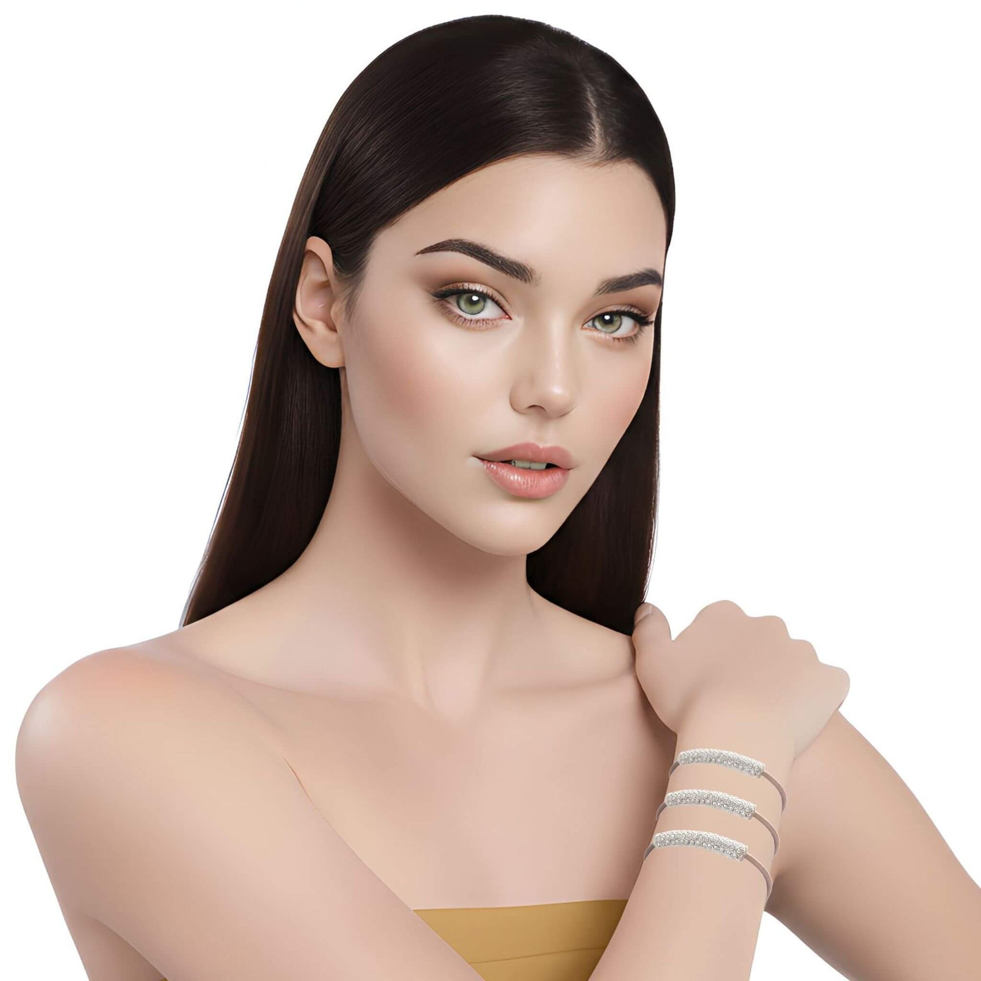 Pulsera de cuero beige con tubo de strass plateado