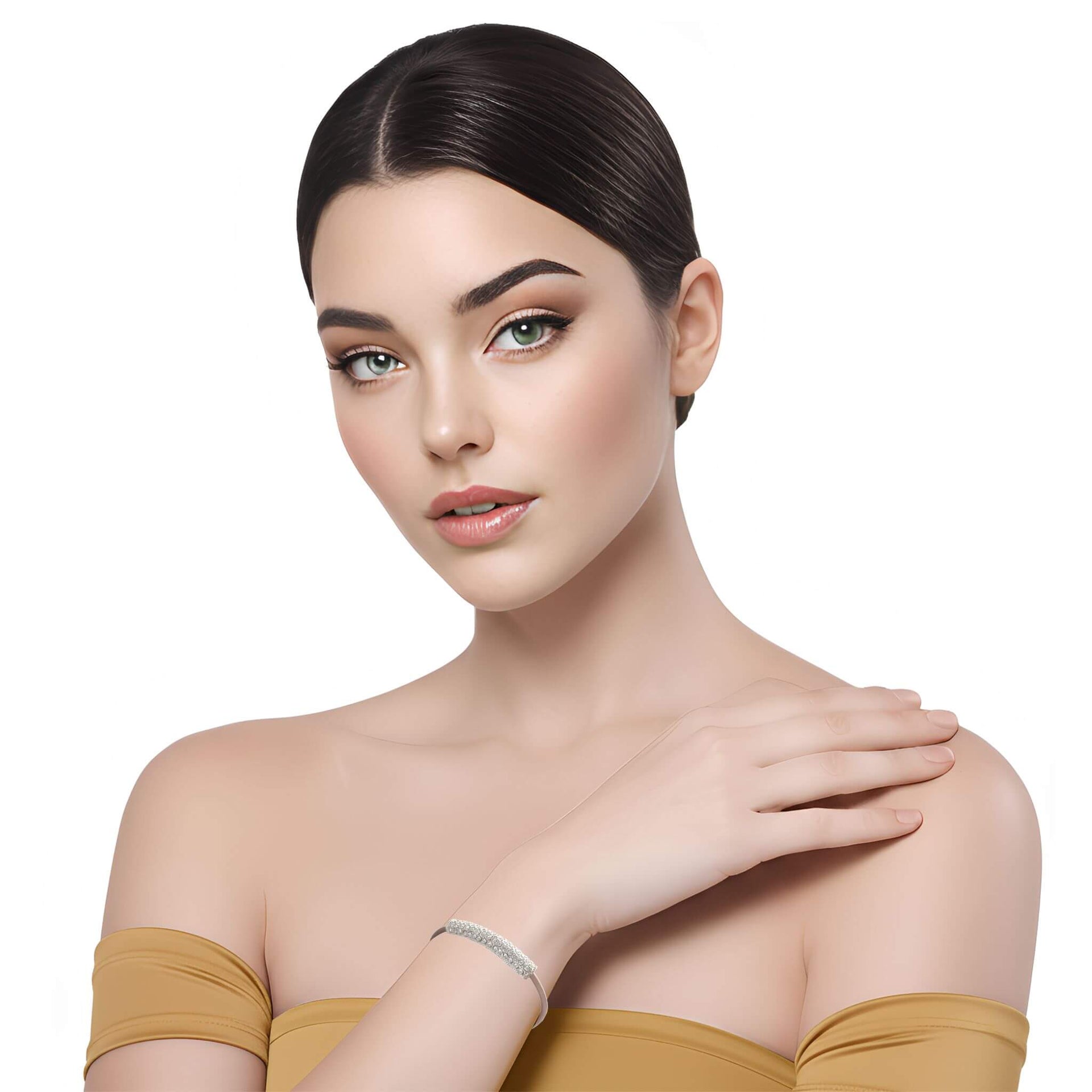 Pulsera de cuero beige con tubo de strass plateado