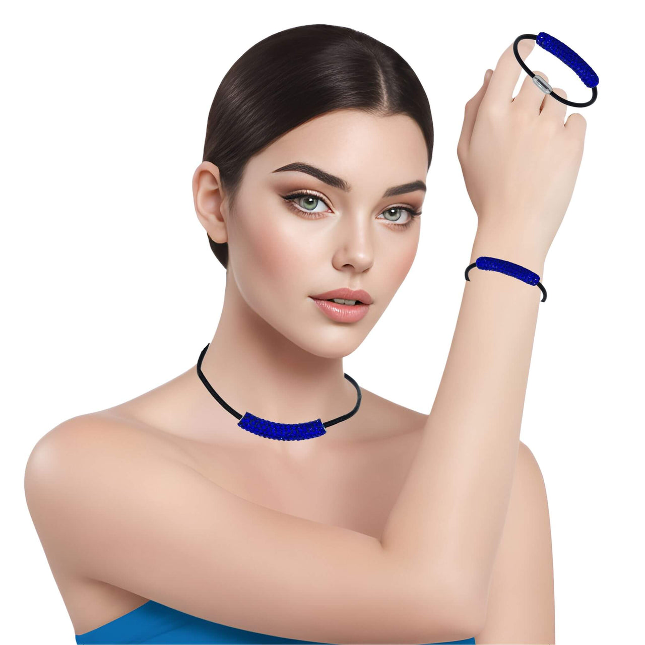 Set de Pulsera y collar de cuero negro y tubo de strass azulón