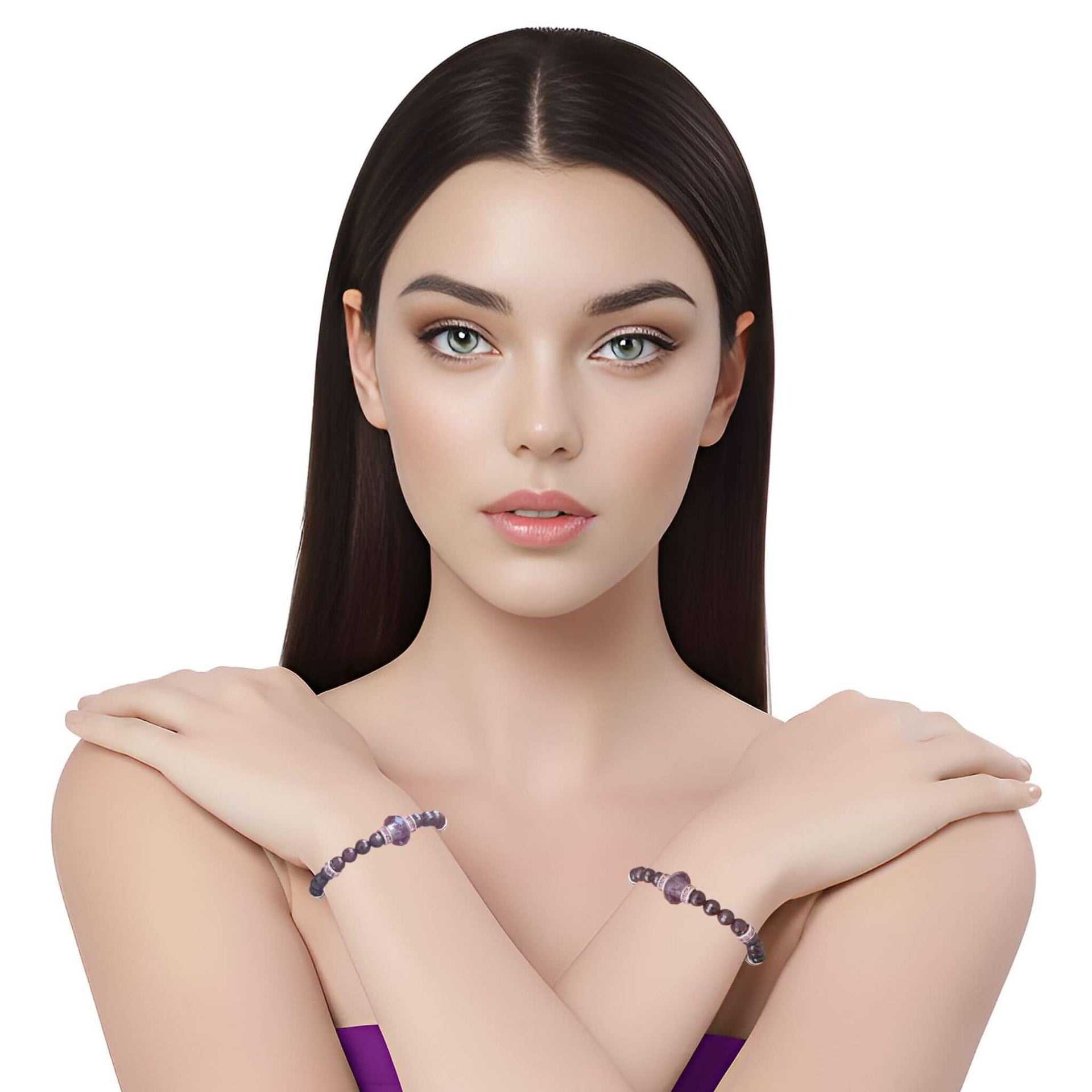 Pulsera de granate facetado y central de cristal fino morado