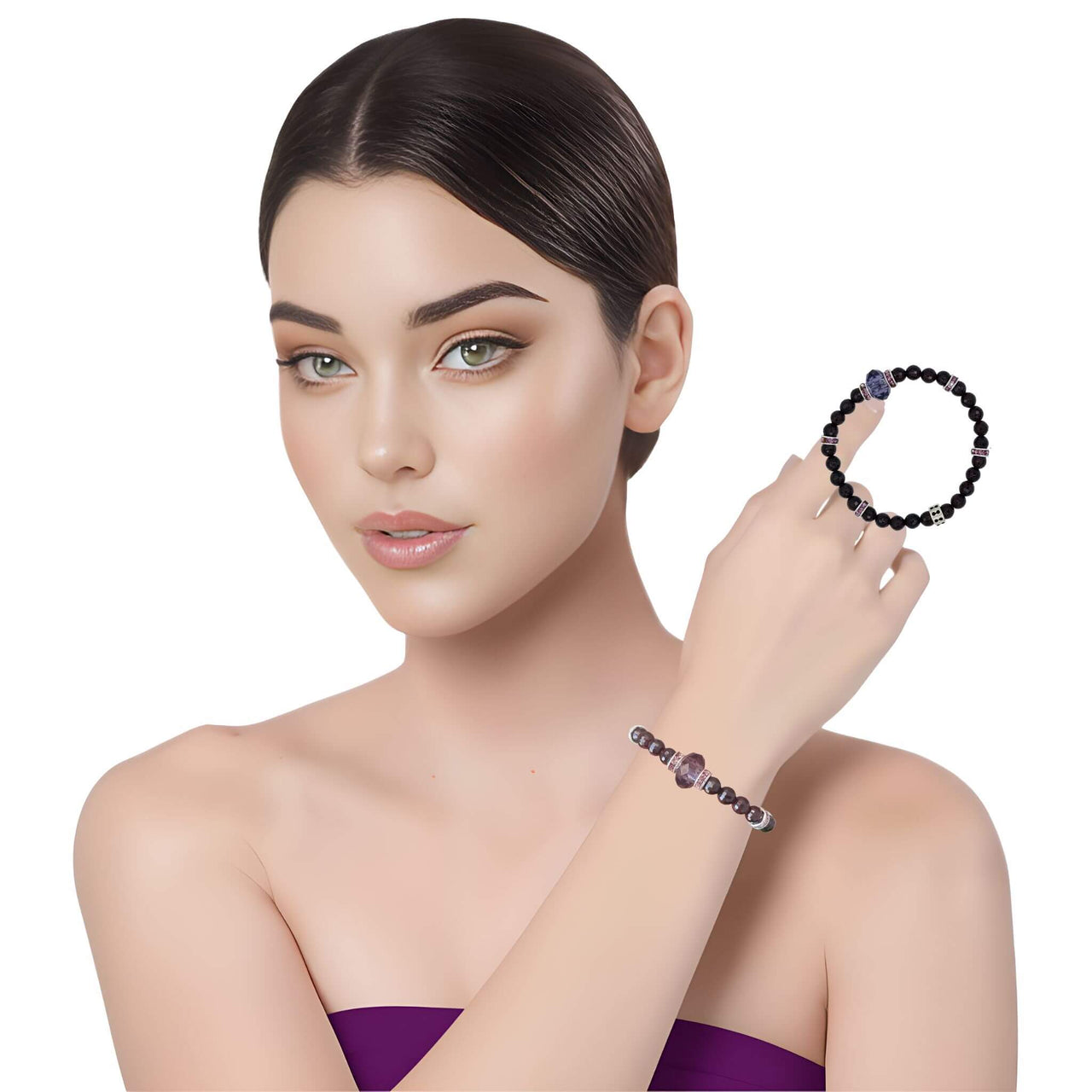 Pulsera de granate facetado y central de cristal fino morado
