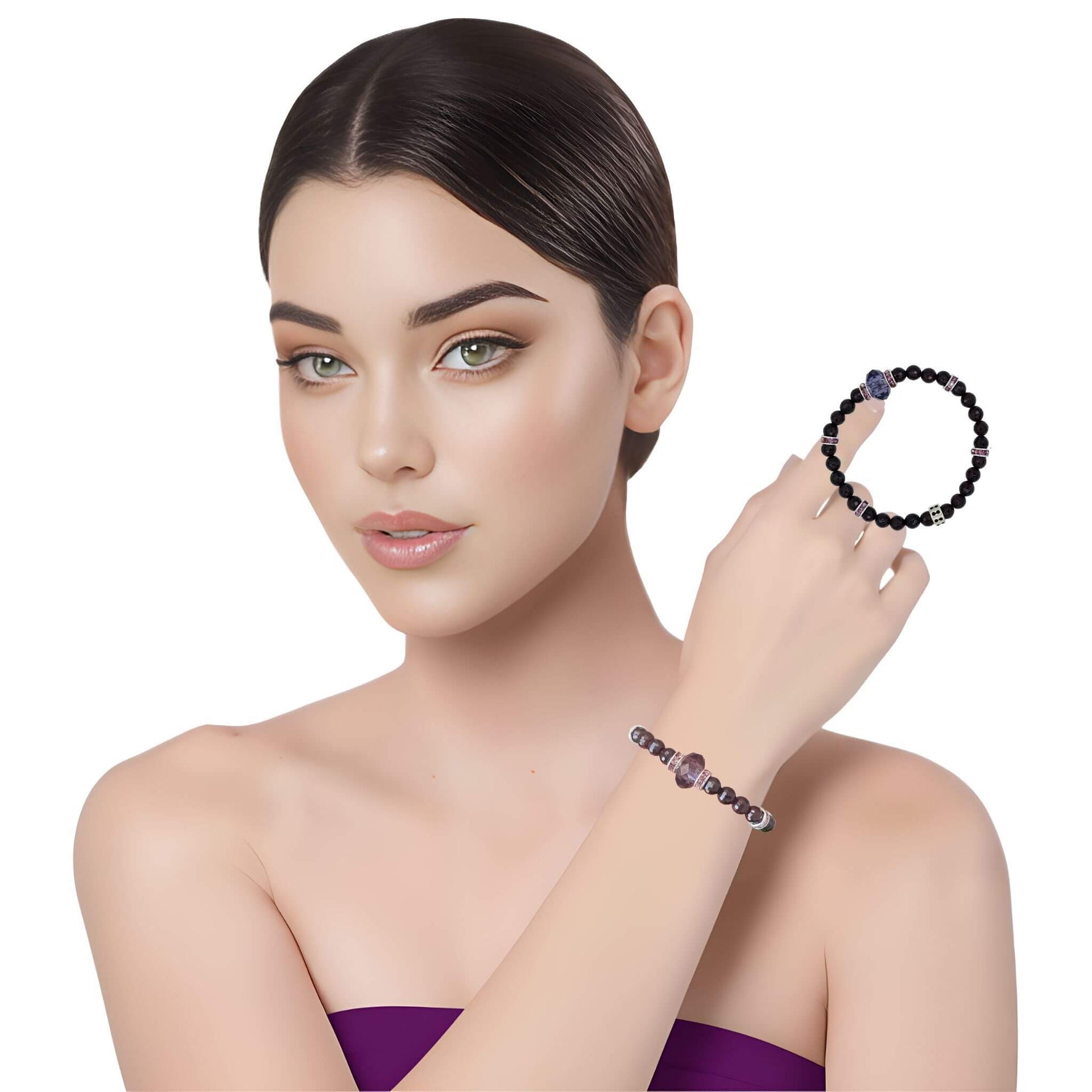 Pulsera de granate facetado y central de cristal fino morado
