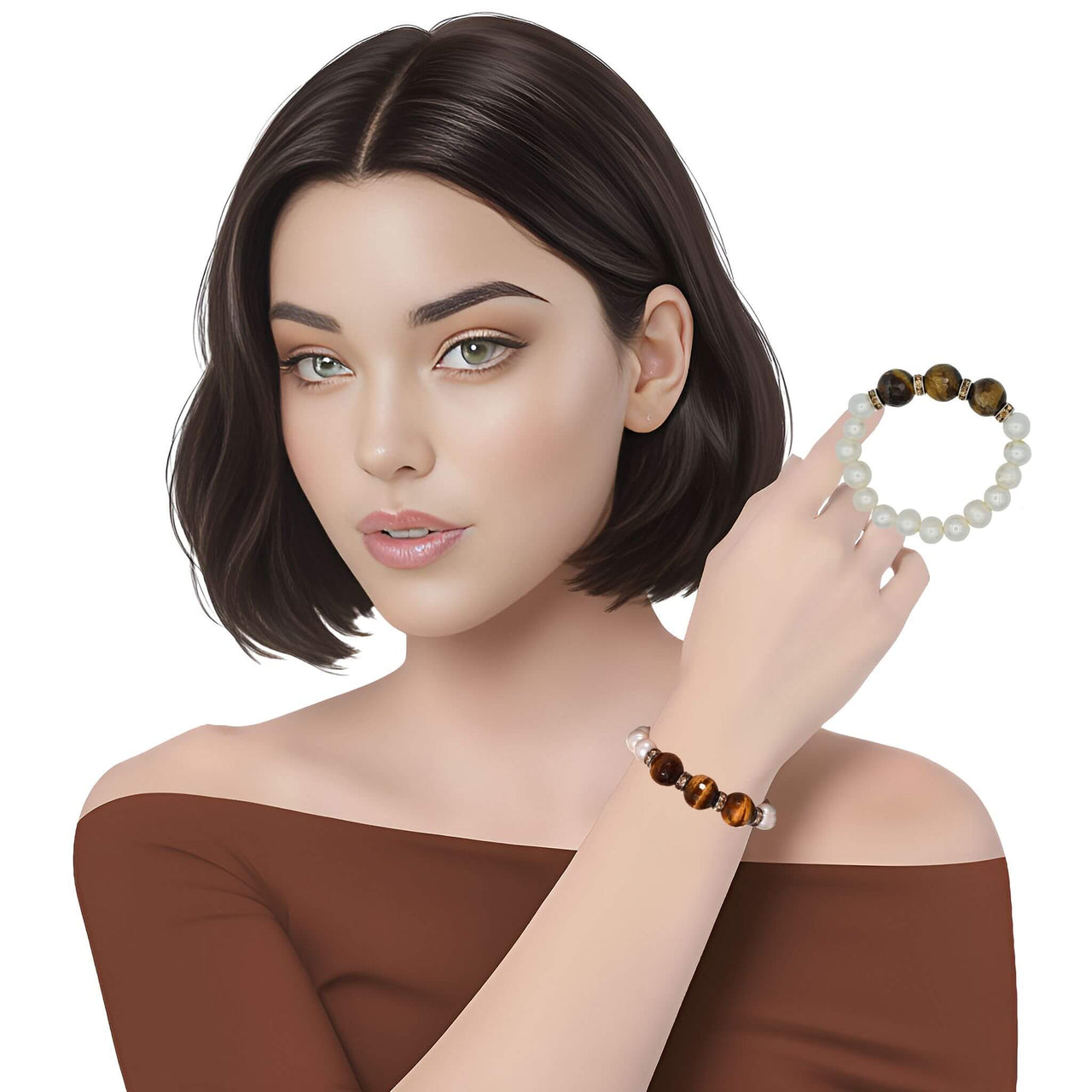 Pulsera de perlas de río y central de ojo de tigre