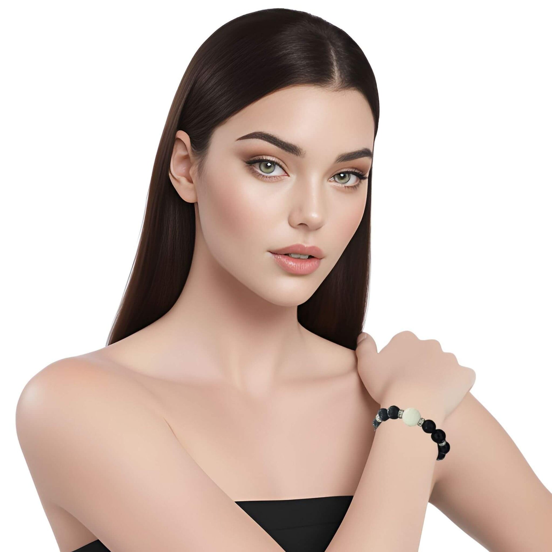 Pulsera de onix facetado negro y bola jade central en blanco