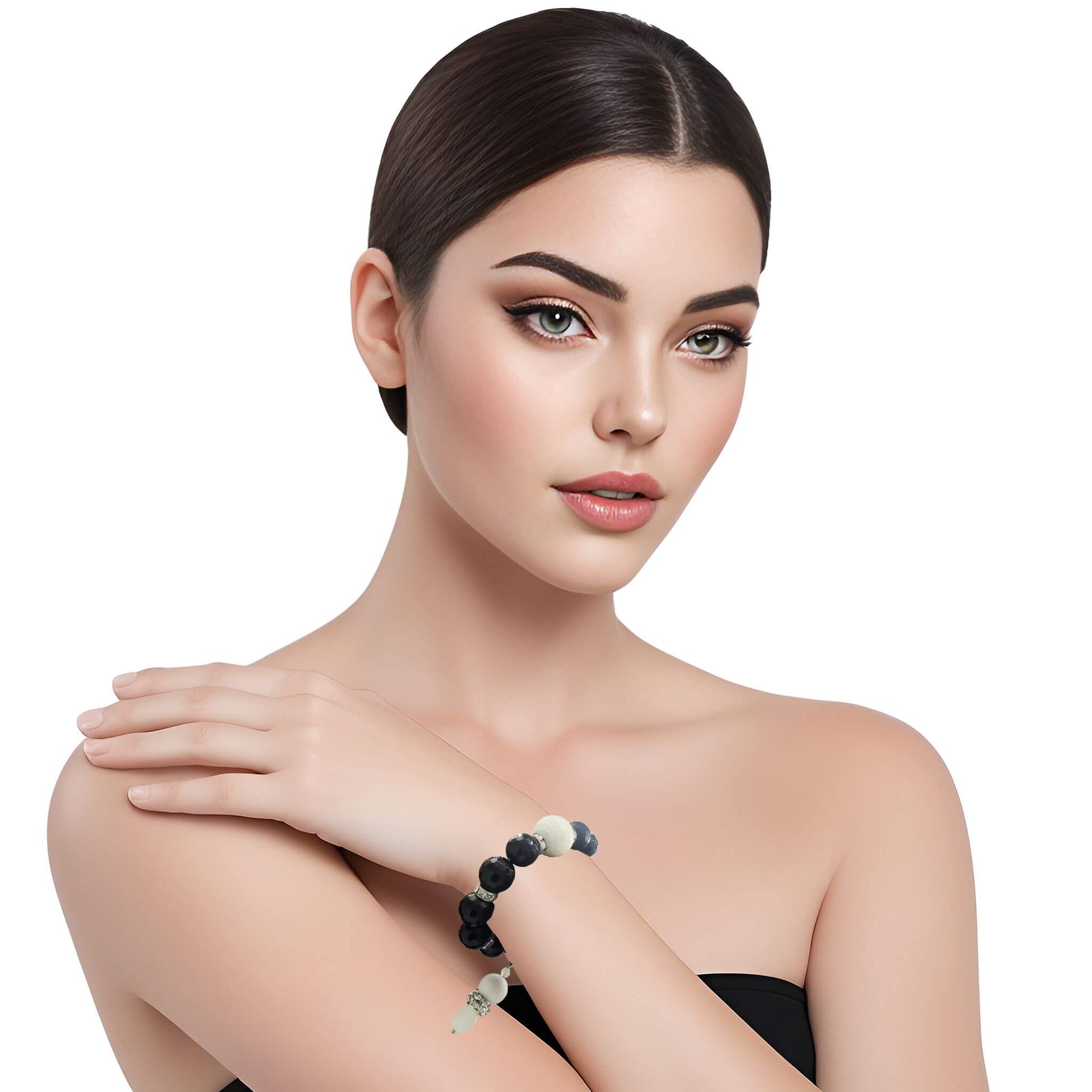 Pulsera de onix facetado negro y bola jade central en blanco