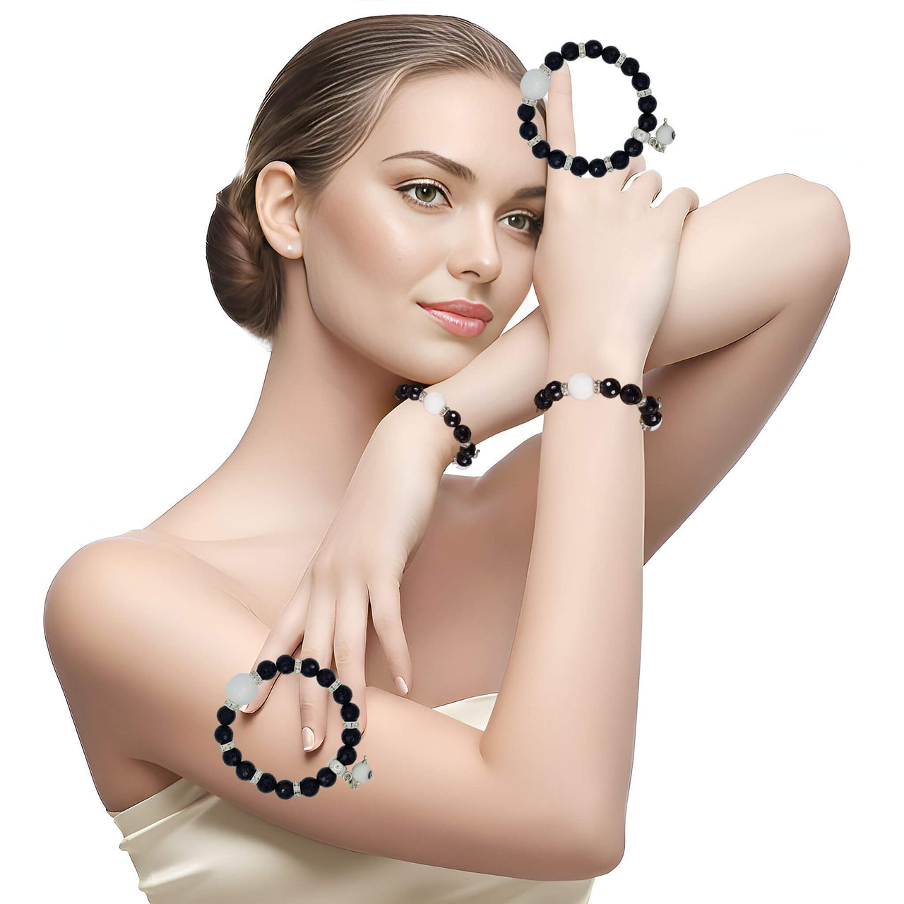 Pulsera de onix facetado negro y bola jade central en blanco