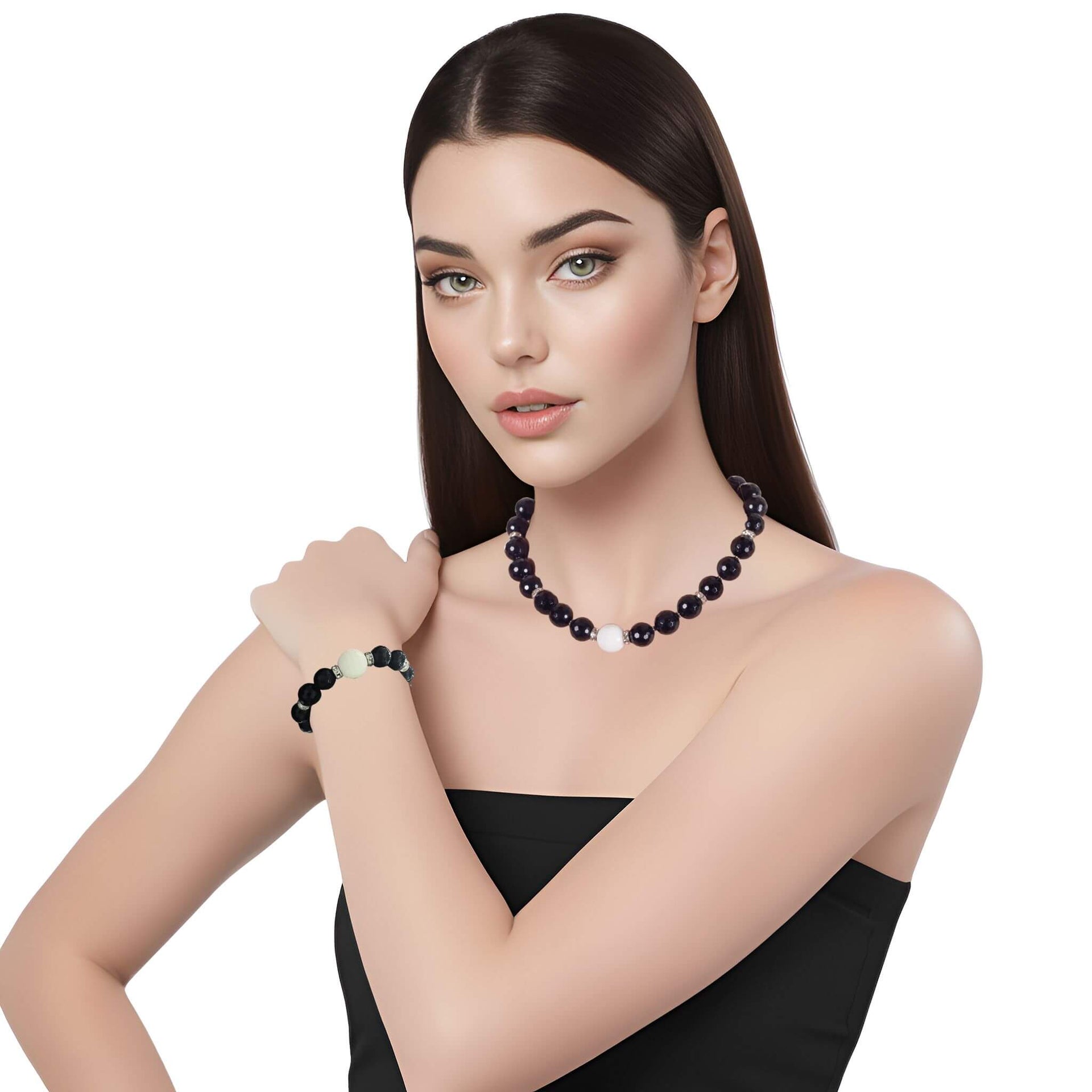 Set de pulsera y collar de onix facetado negro y bola jade central en blanco