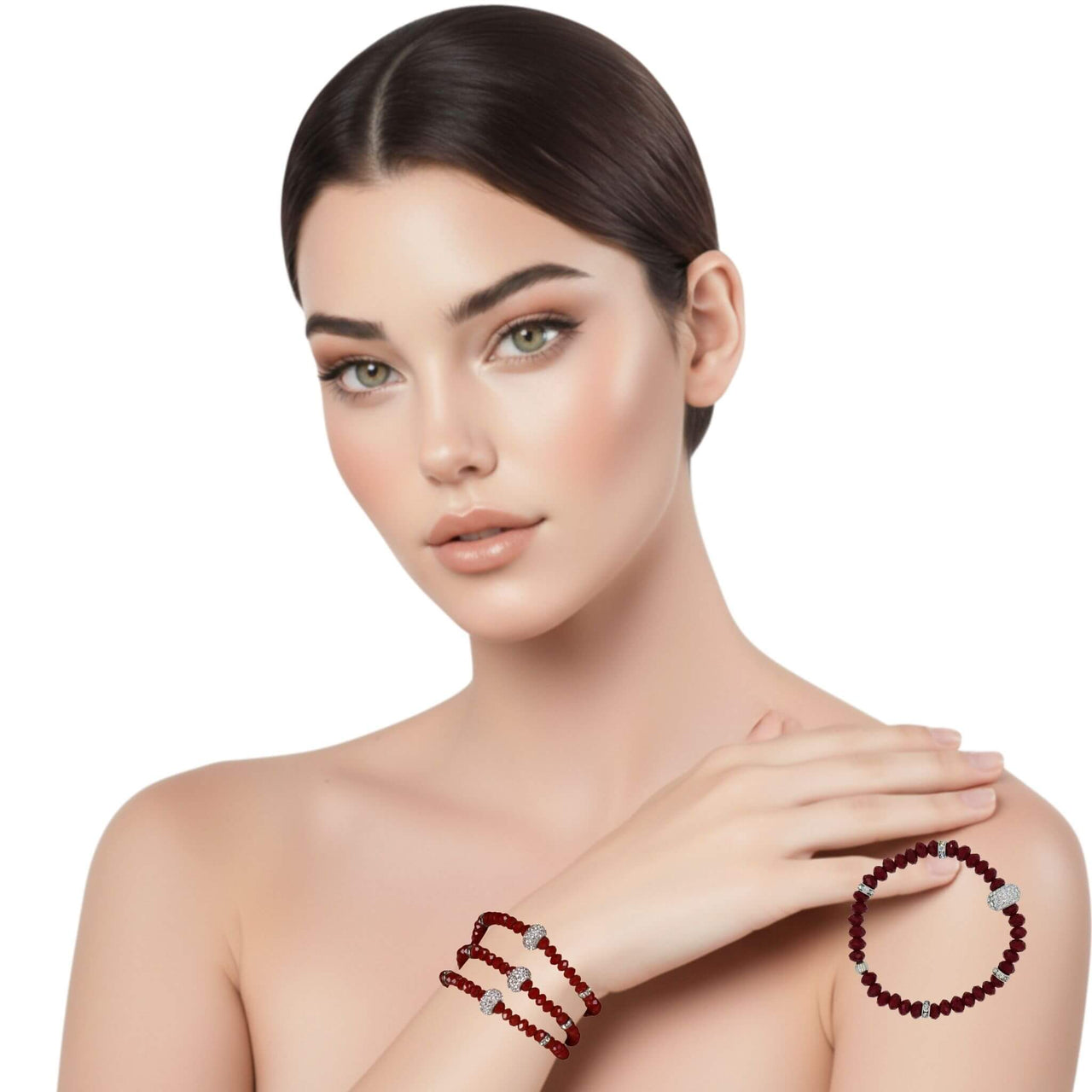 Pulsera de cristal rojo y central de brillantes de cristal en blanco