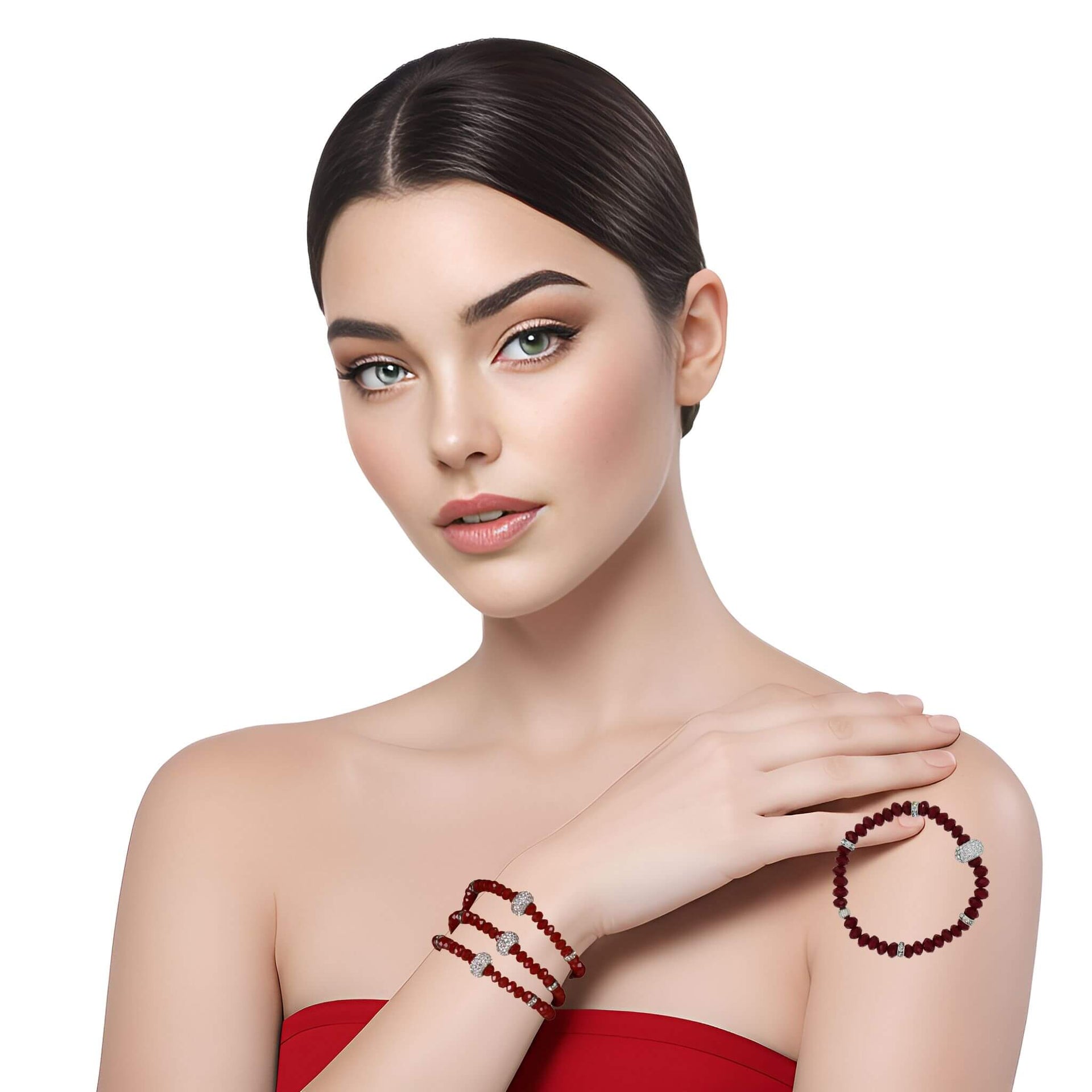 Pulsera de cristal rojo y central de brillantes de cristal en blanco