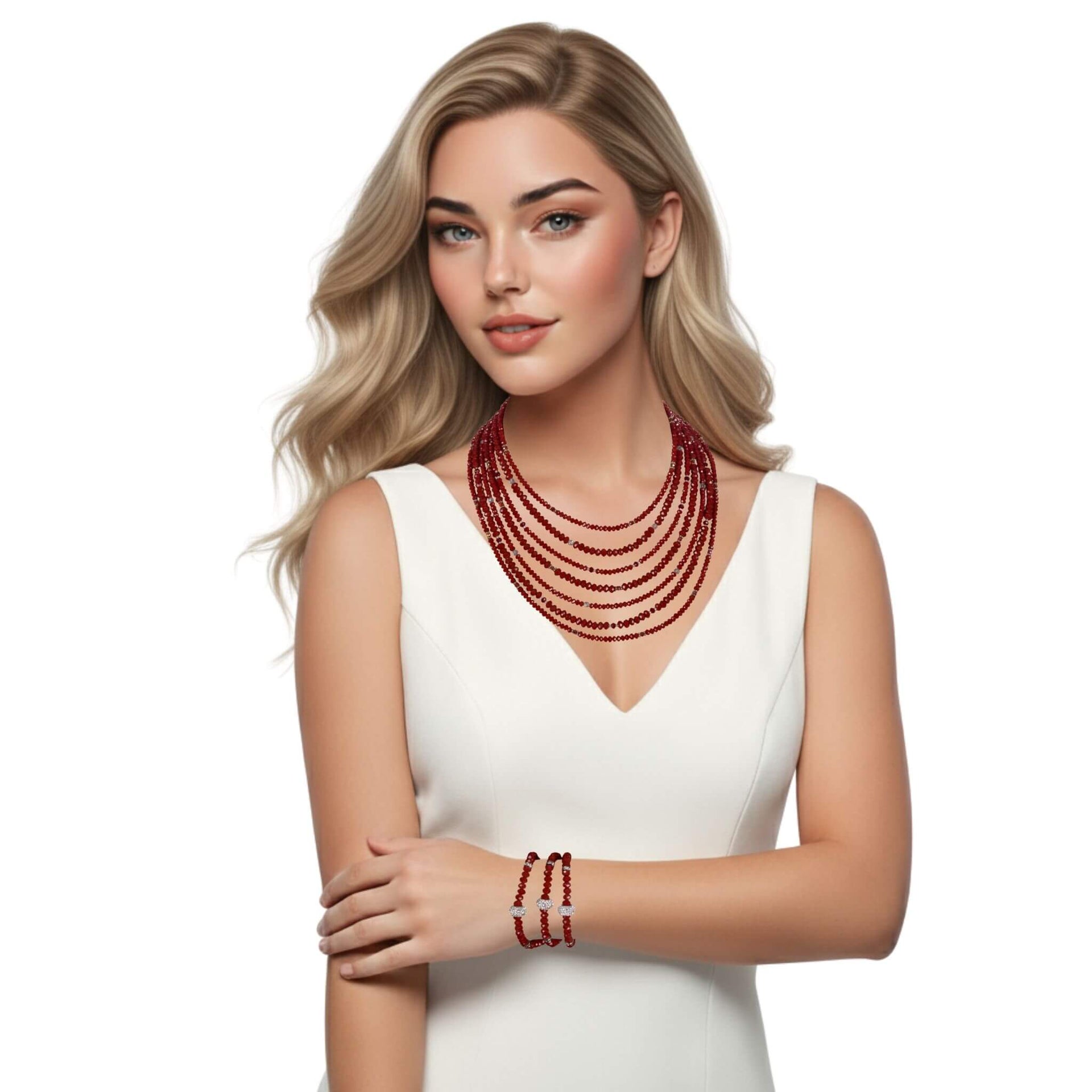 Set conjunto de collar y pulsera de cristal rojo briolette de 7 vueltas