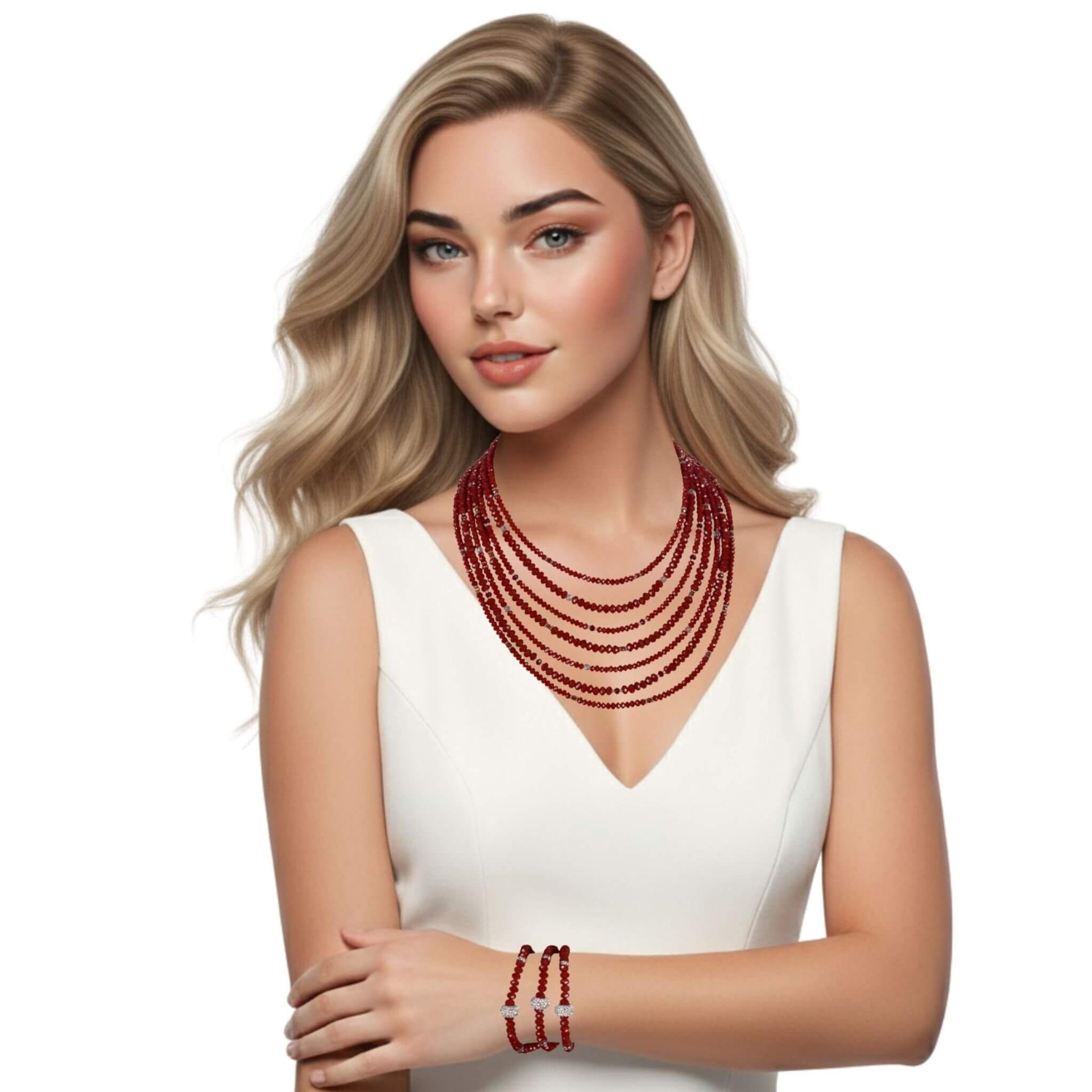 Set conjunto de collar y pulsera de cristal rojo briolette de 7 vueltas