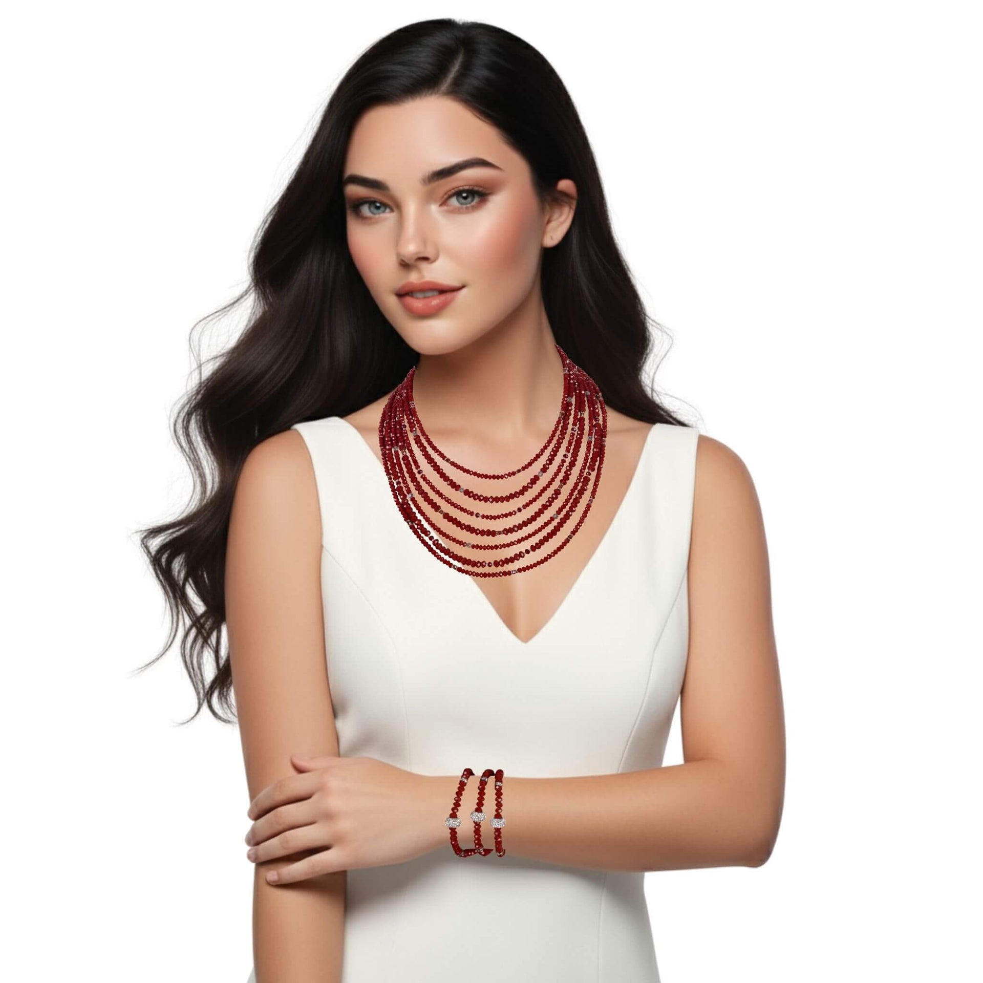 Set conjunto de collar y pulsera de cristal rojo briolette de 7 vueltas