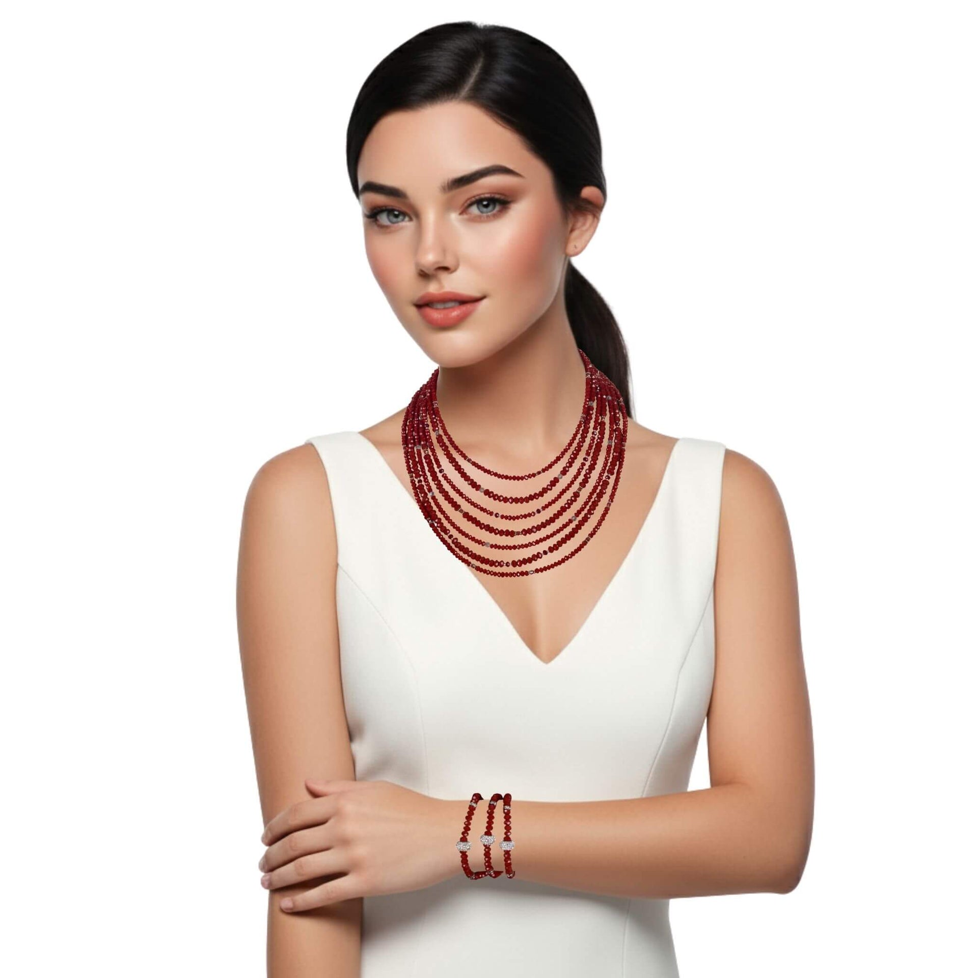 Set conjunto de collar y pulsera de cristal rojo briolette de 7 vueltas