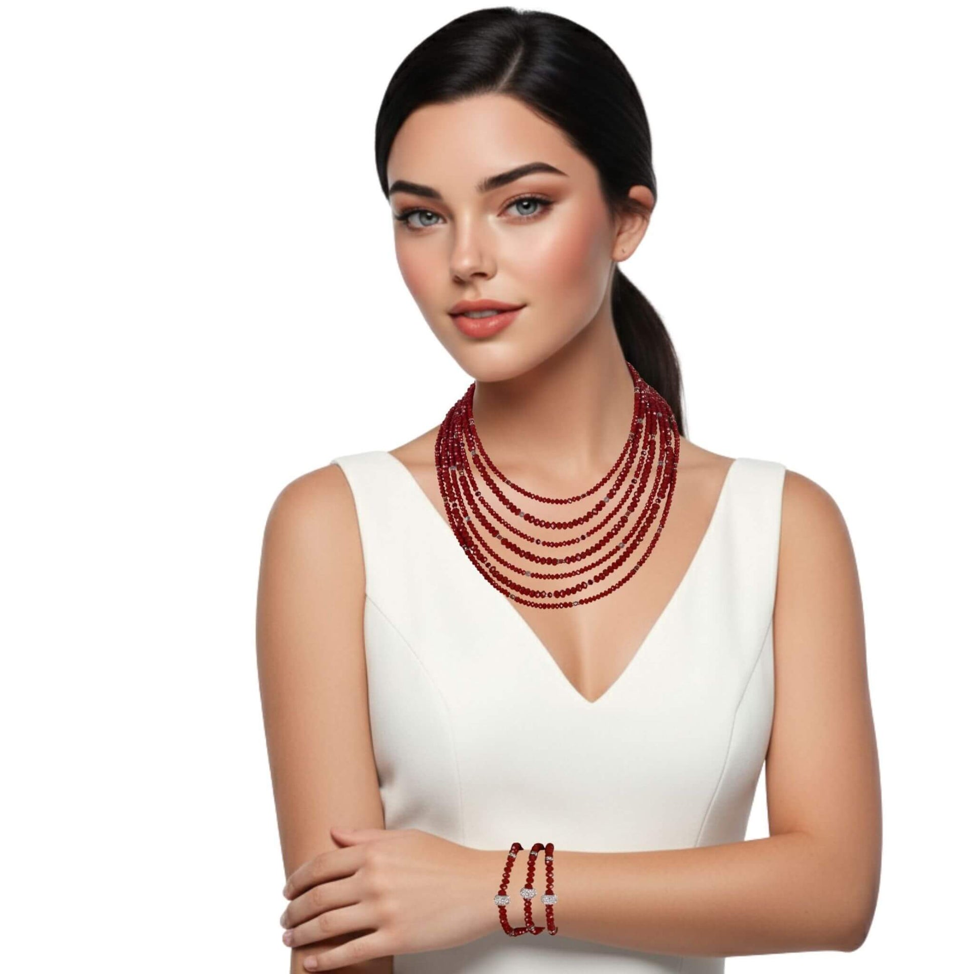 Set conjunto de collar y pulsera de cristal rojo briolette de 7 vueltas