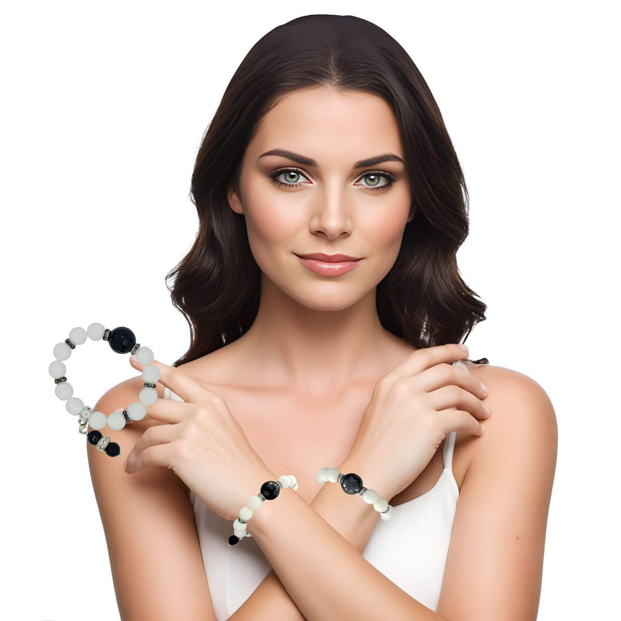 Pulsera de jade blanco y bola central de ónix negro