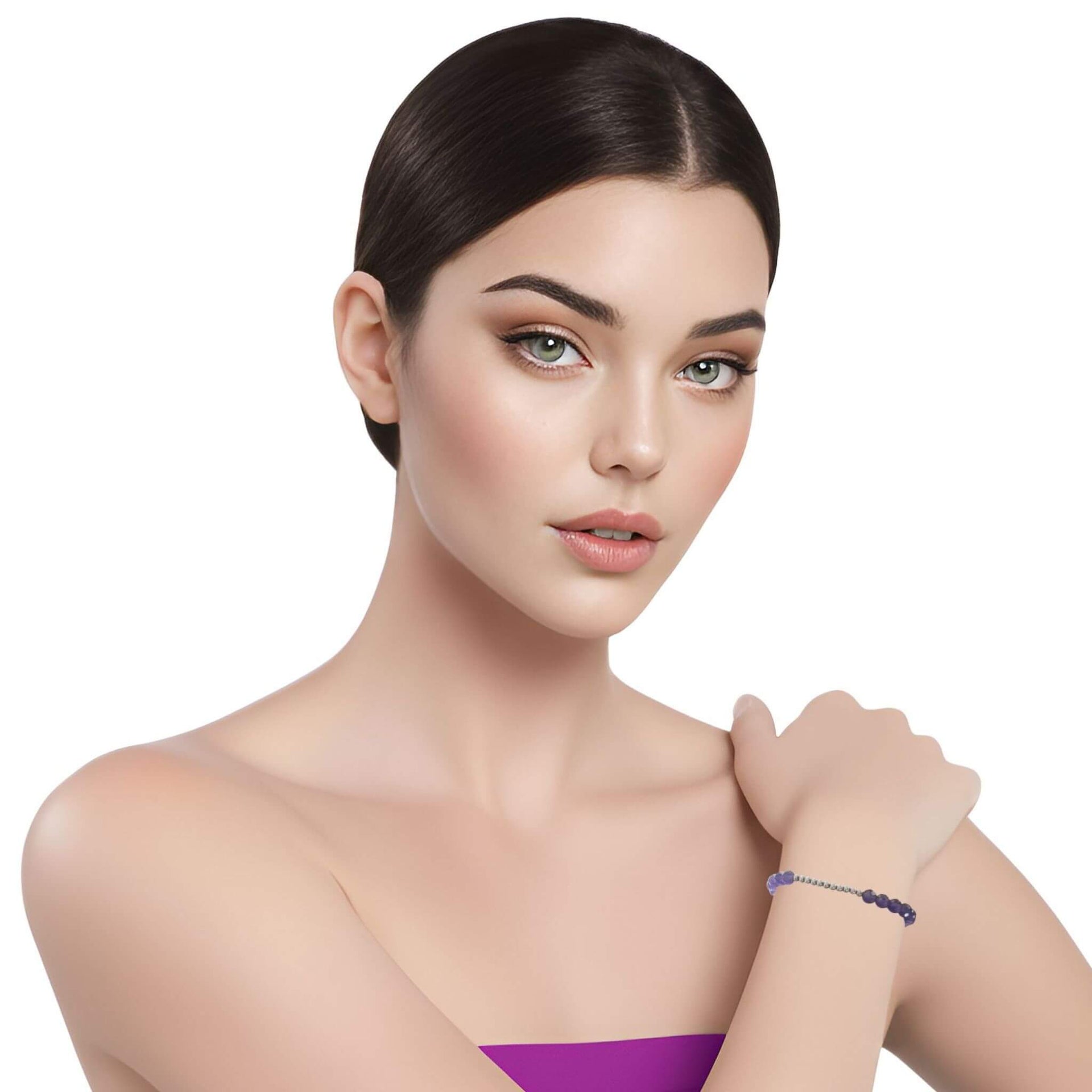 Pulsera de ágata morada y central de bolitas de plata