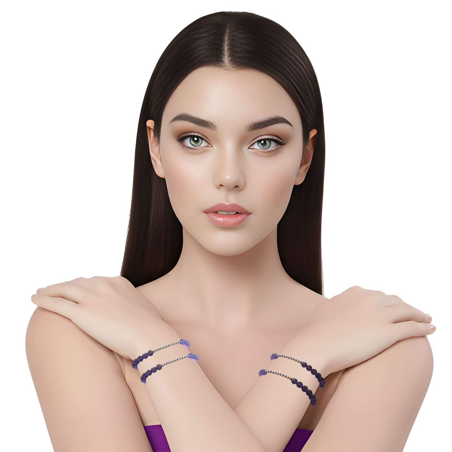 Pulsera de ágata morada y central de bolitas de plata