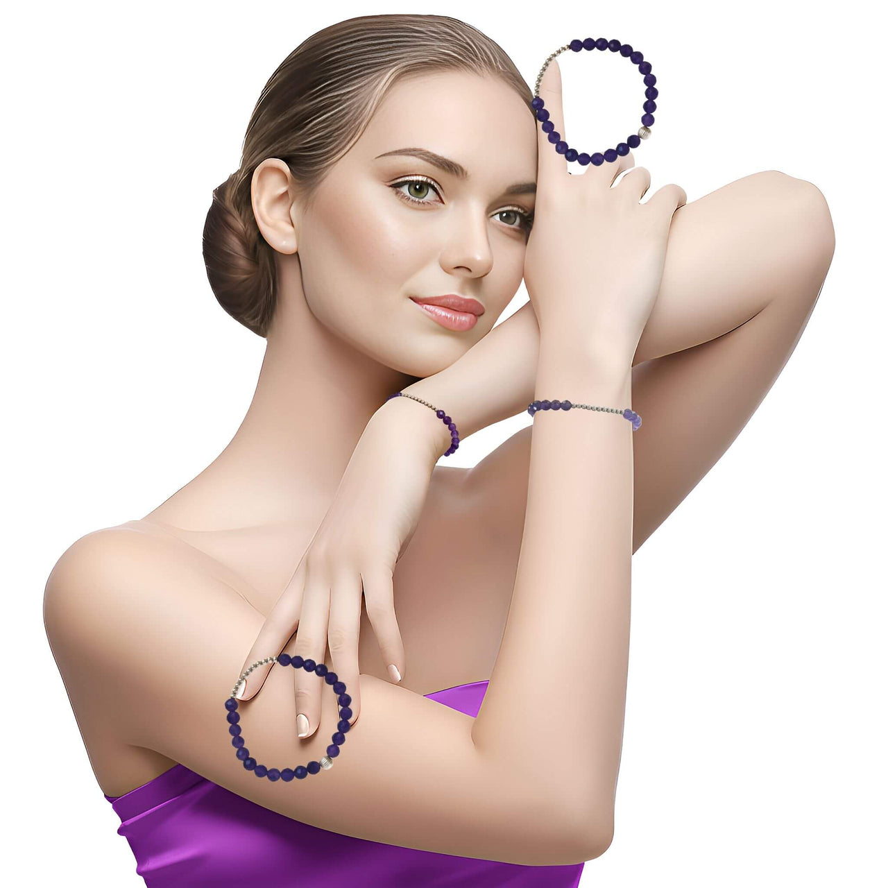Pulsera de ágata morada y central de bolitas de plata