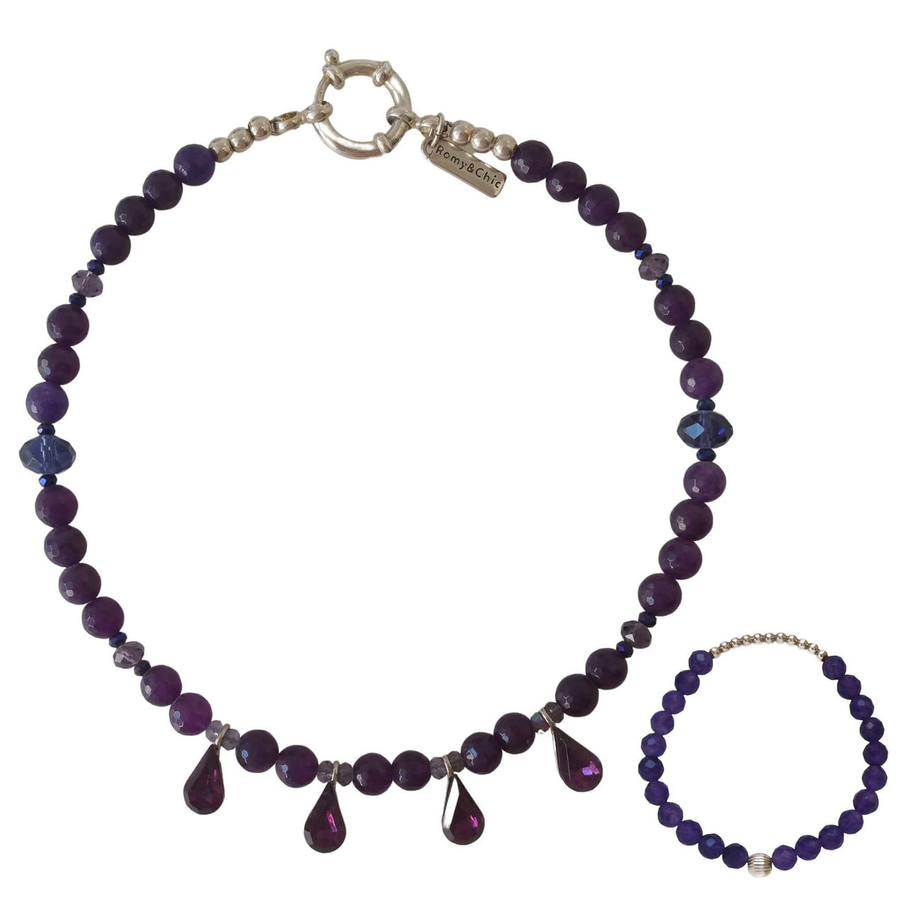 Set de Pulsera y Collar de ágata morada facetada de 4 lágrimas