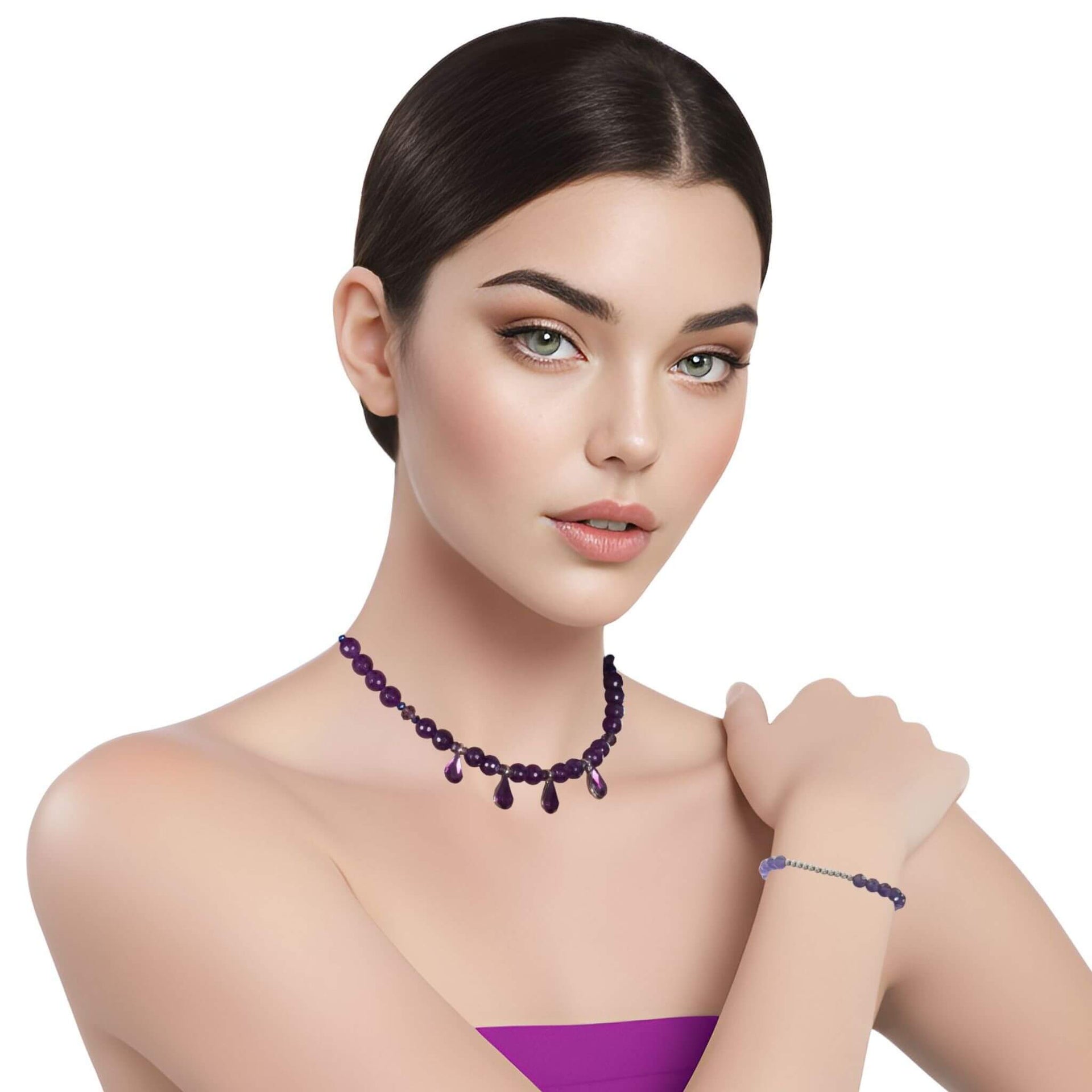 Set de Pulsera y Collar de ágata morada facetada de 4 lágrimas