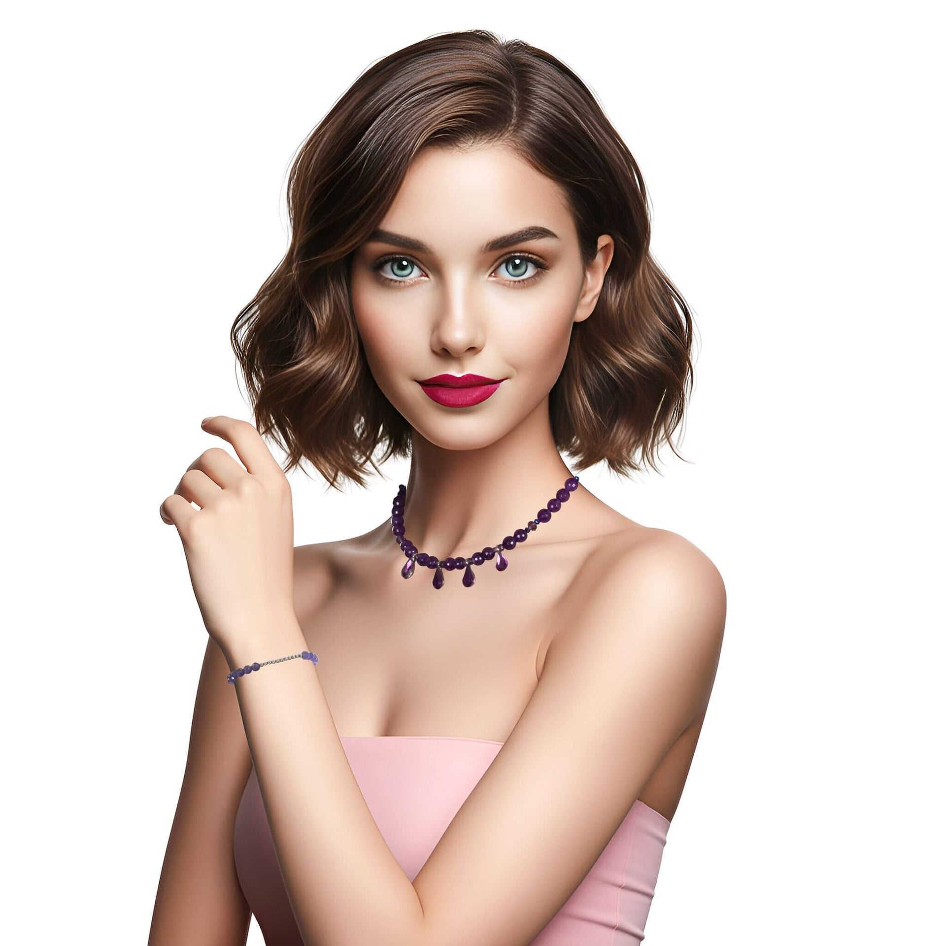 Set de Pulsera y Collar de ágata morada facetada de 4 lágrimas