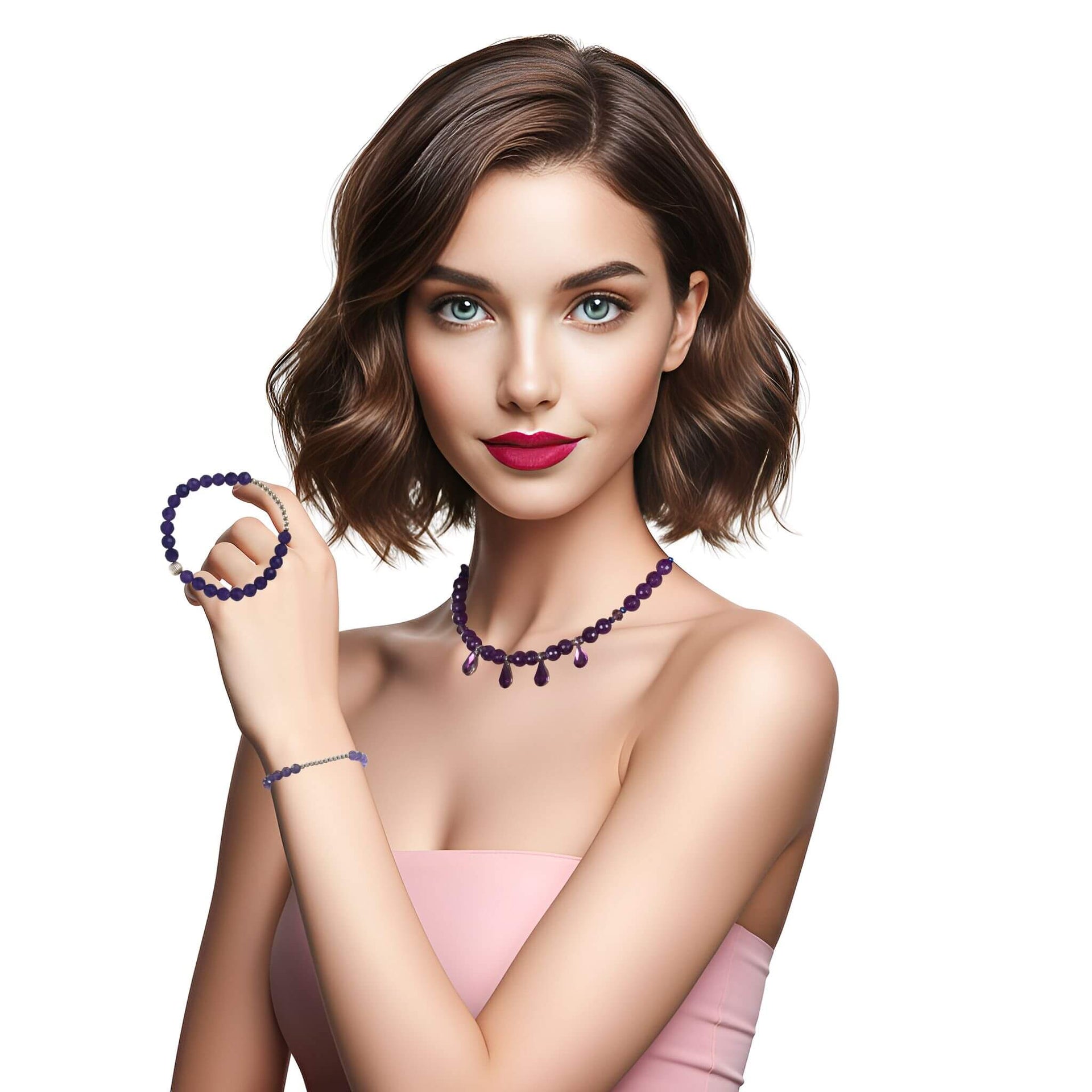 Set de Pulsera y Collar de ágata morada facetada de 4 lágrimas