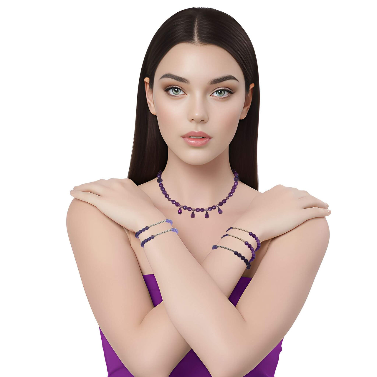 Set de Pulsera y Collar de ágata morada facetada de 4 lágrimas