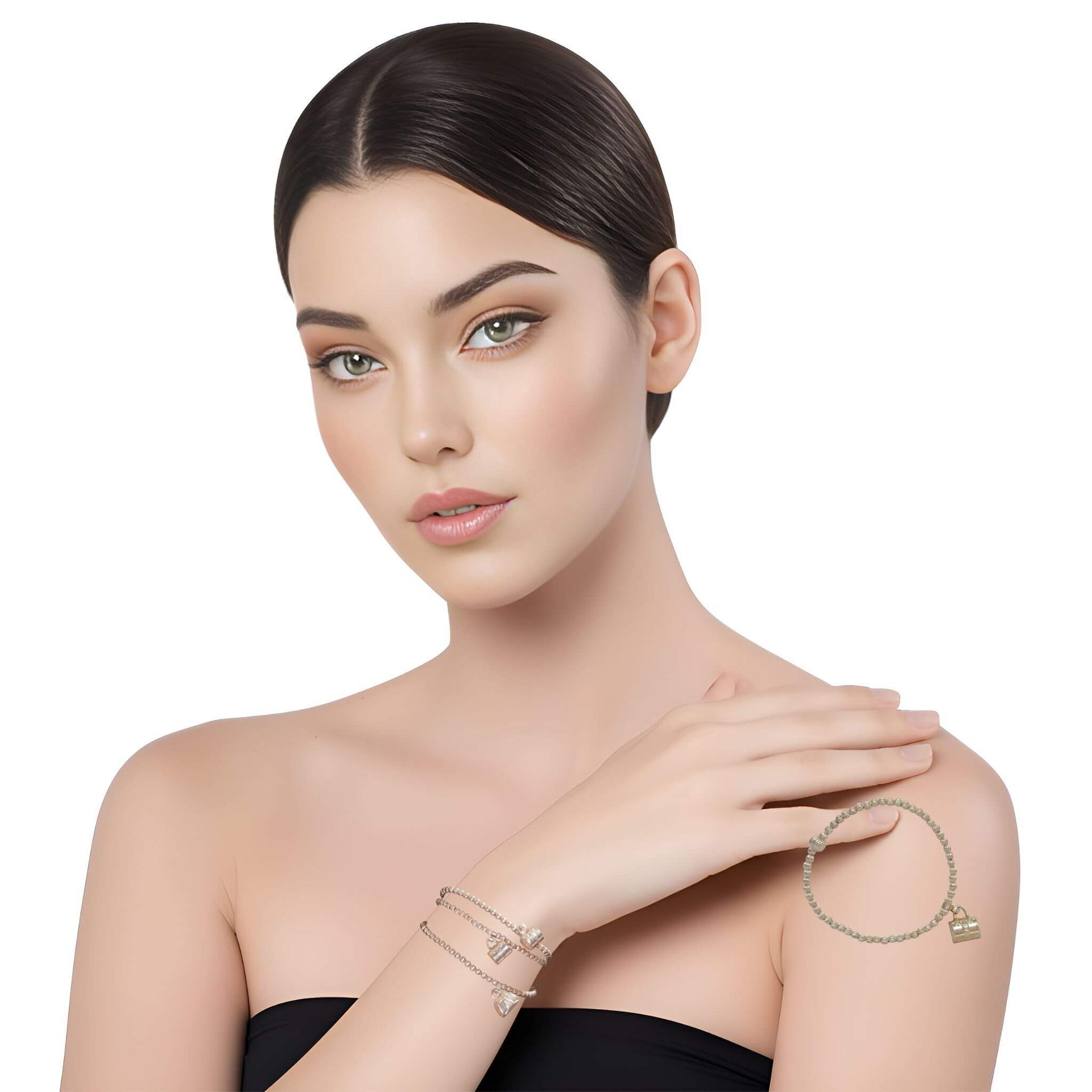 Pulsera de plata de bolitas y bolso colgante
