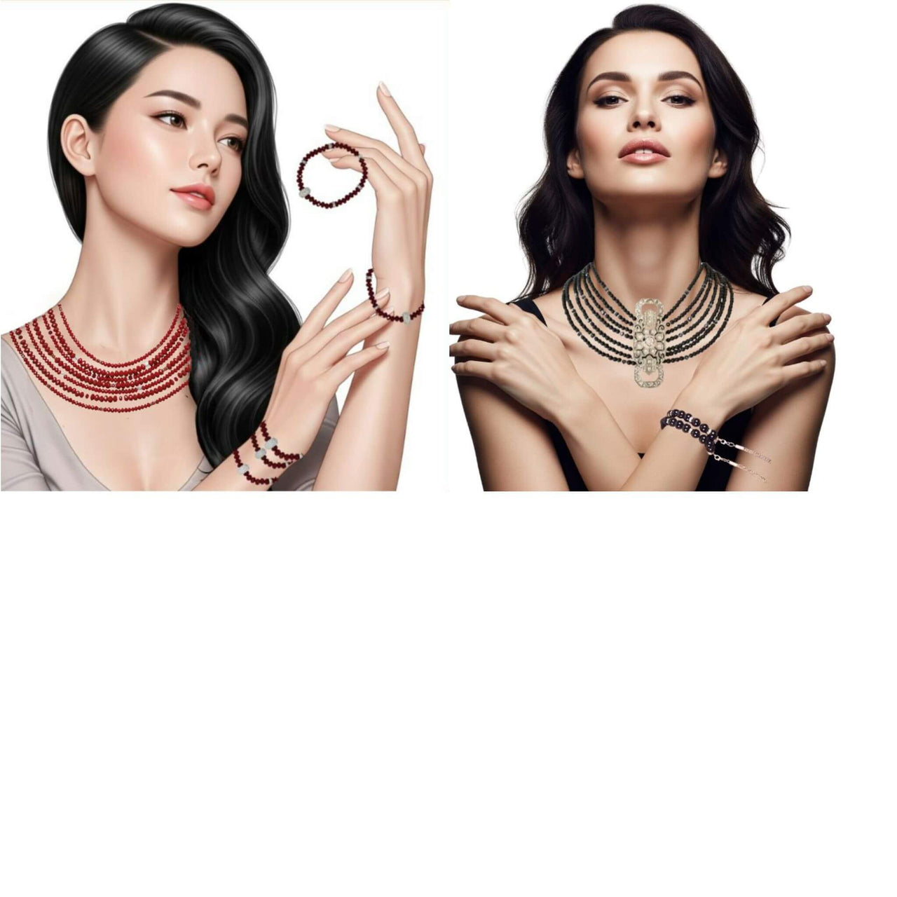 Collares y pulseras exclusivos de fiesta para la mujer. Cuero o piedras naturales con brillantes de cristal y strass de Romy&Chic. Collares de cuernos de pitón con cuero o cadenas de piedras. Cierres magnéticos en zamak o acero, plata de ley, gemas multicolor y  y charms colgantes. 