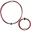 Set de pulsera y collar gargantilla de cuero rojo y brillantes de cristal negro