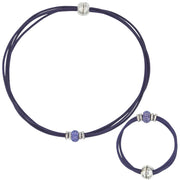 Set conjunto de collar gargantilla y pulsera de cuero morado y brillantes de cristal morado
