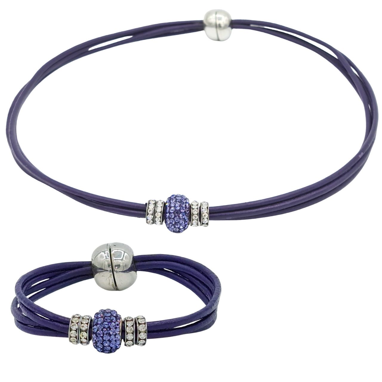 Set conjunto de collar gargantilla y pulsera de cuero morado y brillantes de cristal morado