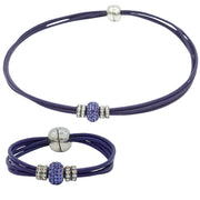 Set conjunto de collar gargantilla y pulsera de cuero morado y brillantes de cristal morado