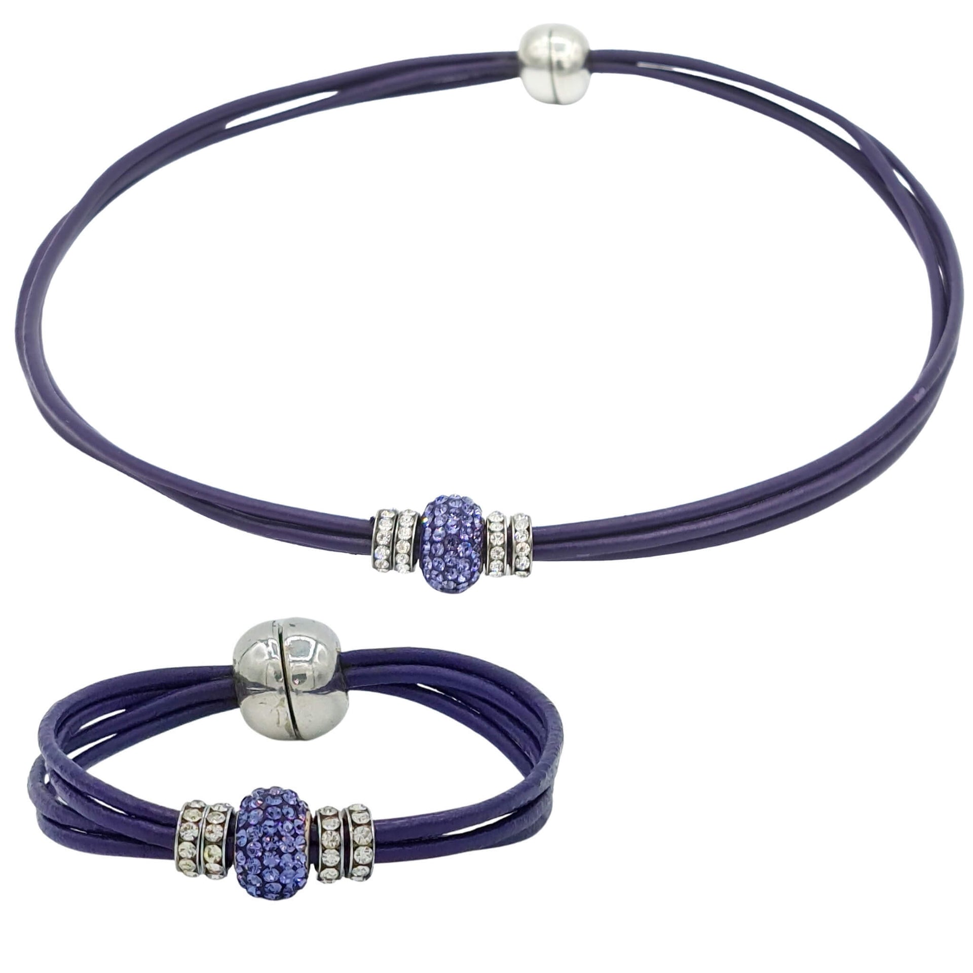 Set conjunto de collar gargantilla y pulsera de cuero morado y brillantes de cristal morado