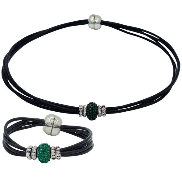 Set de pulsera y collar de cuero negro y brillantes de cristal verde