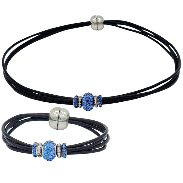 Set de pulsera y collar de cuero negro y brillantes de cristal azul