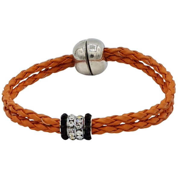 Pulsera de cuero sintético trenzado naranja y rondelles de stras centrales