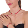 Pulsera y collar de cuero sintético trenzado rojo y rondelles de strass