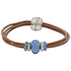 Pulsera de cuero chocolate y central de brillantes de cristal azul