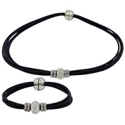 Set de pulsera y collar de cuero negro y brillantes de cristal blancos