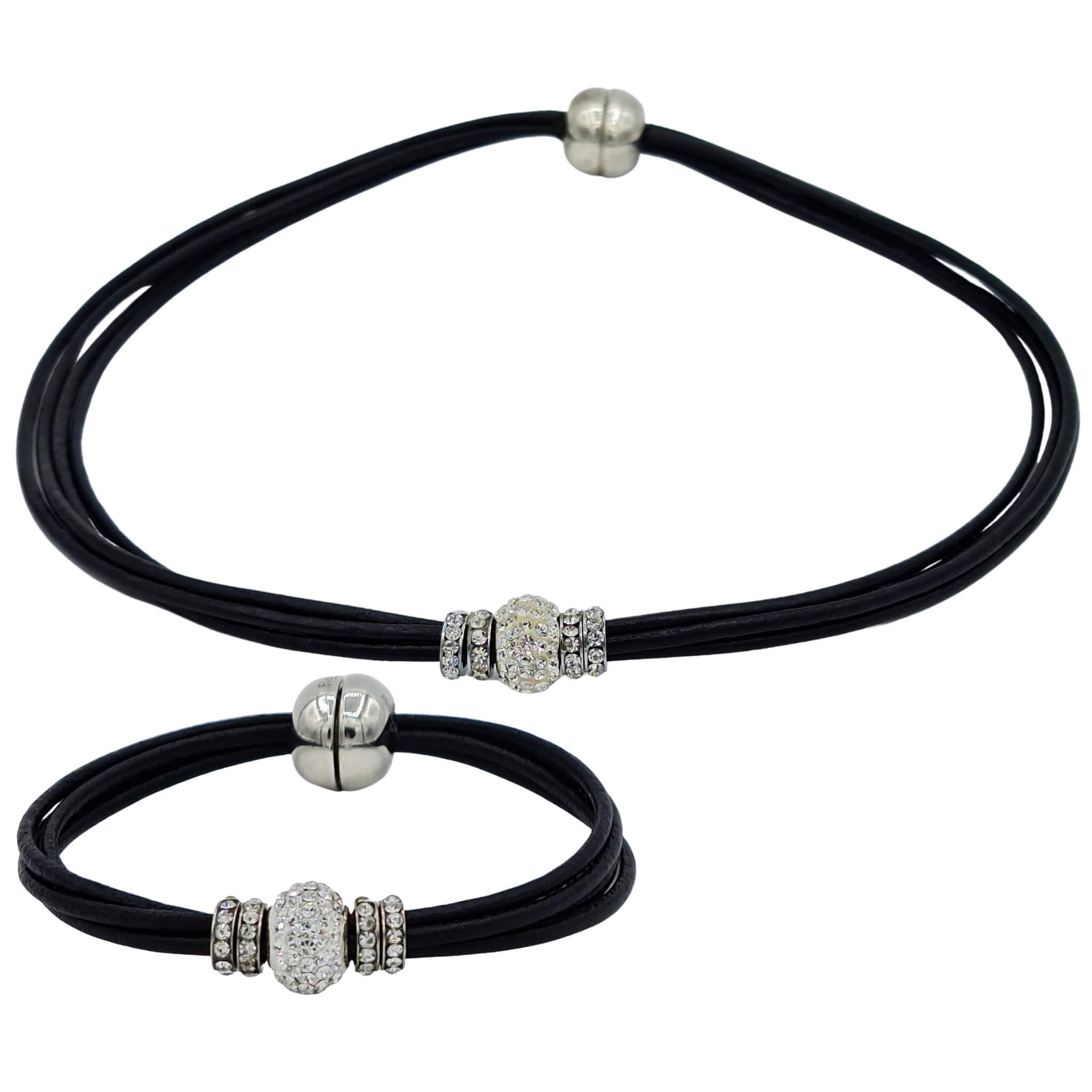 Set de pulsera y collar de cuero negro y brillantes de cristal blancos
