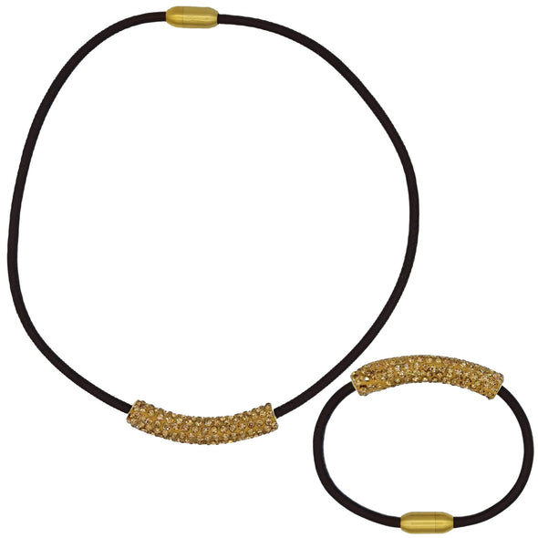 Set de pulsera y collar de cuero marrón a juego y tubo central de strass dorado
