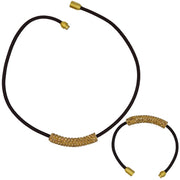 Set de Pulsera y collar de cuero marrón y tubo de strass dorado