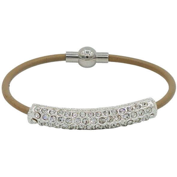 Pulsera de cuero beige con tubo de strass plateado