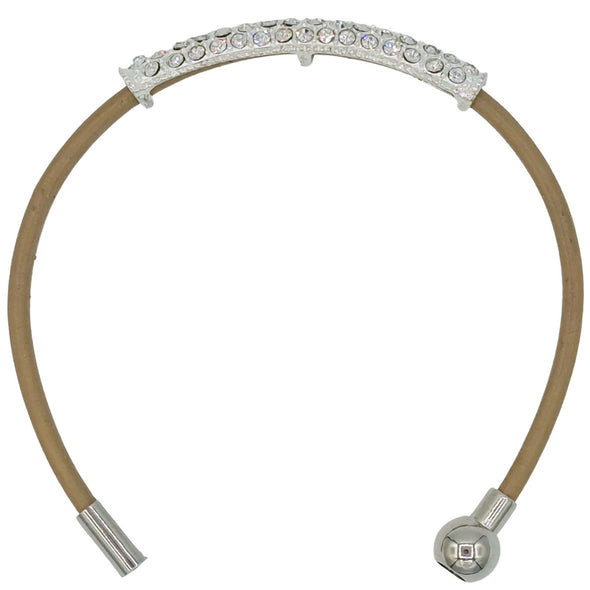 Pulsera de cuero beige con tubo de strass plateado