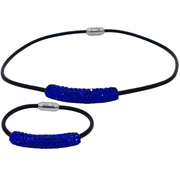 Set conjunto de Pulsera y collar de cuero negro y tubo de strass azulón 